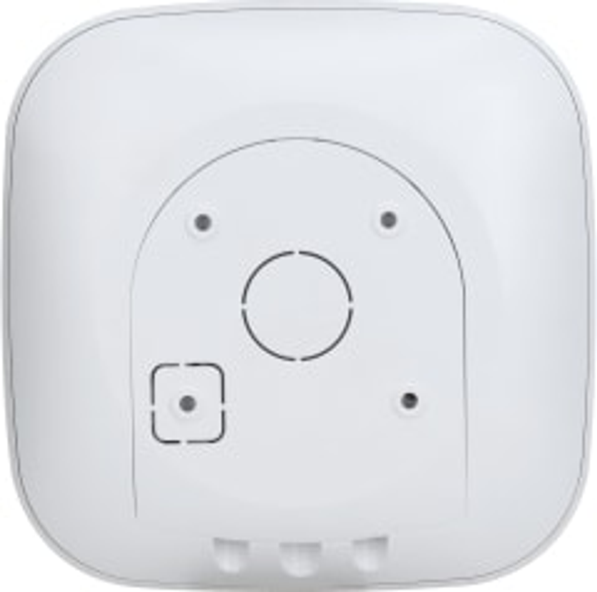 La parte inferiore di un dispositivo bianco Dahua Technology con diverse rientranze circolari e rettangolari. Sfondo bianco.