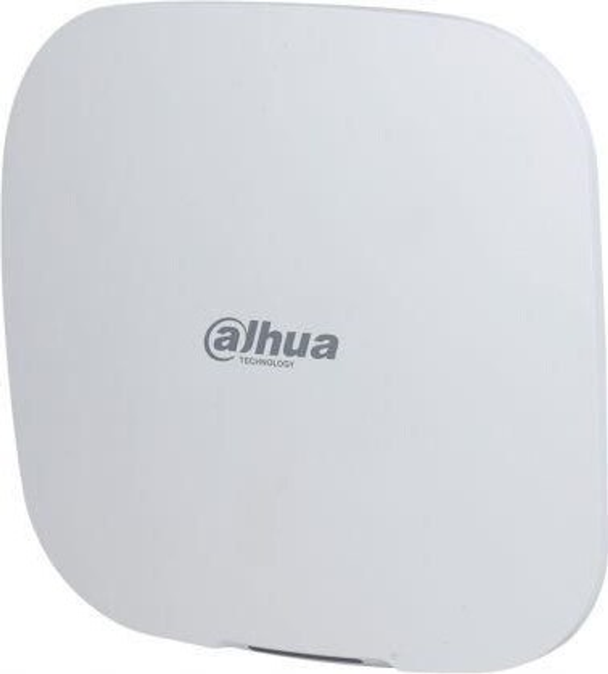 Un dispositivo bianco Dahua Technology con una forma quadrata arrotondata. Il logo è al centro su sfondo bianco.