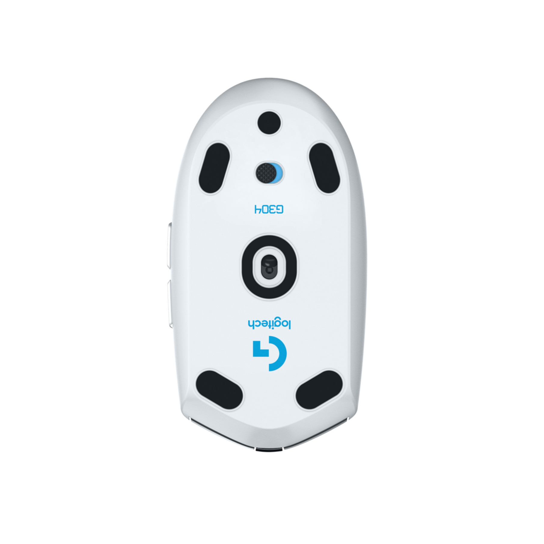 Spód białej myszy komputerowej z czarnymi podkładkami, sensorem i etykietami 'Logitech' i 'G304'.