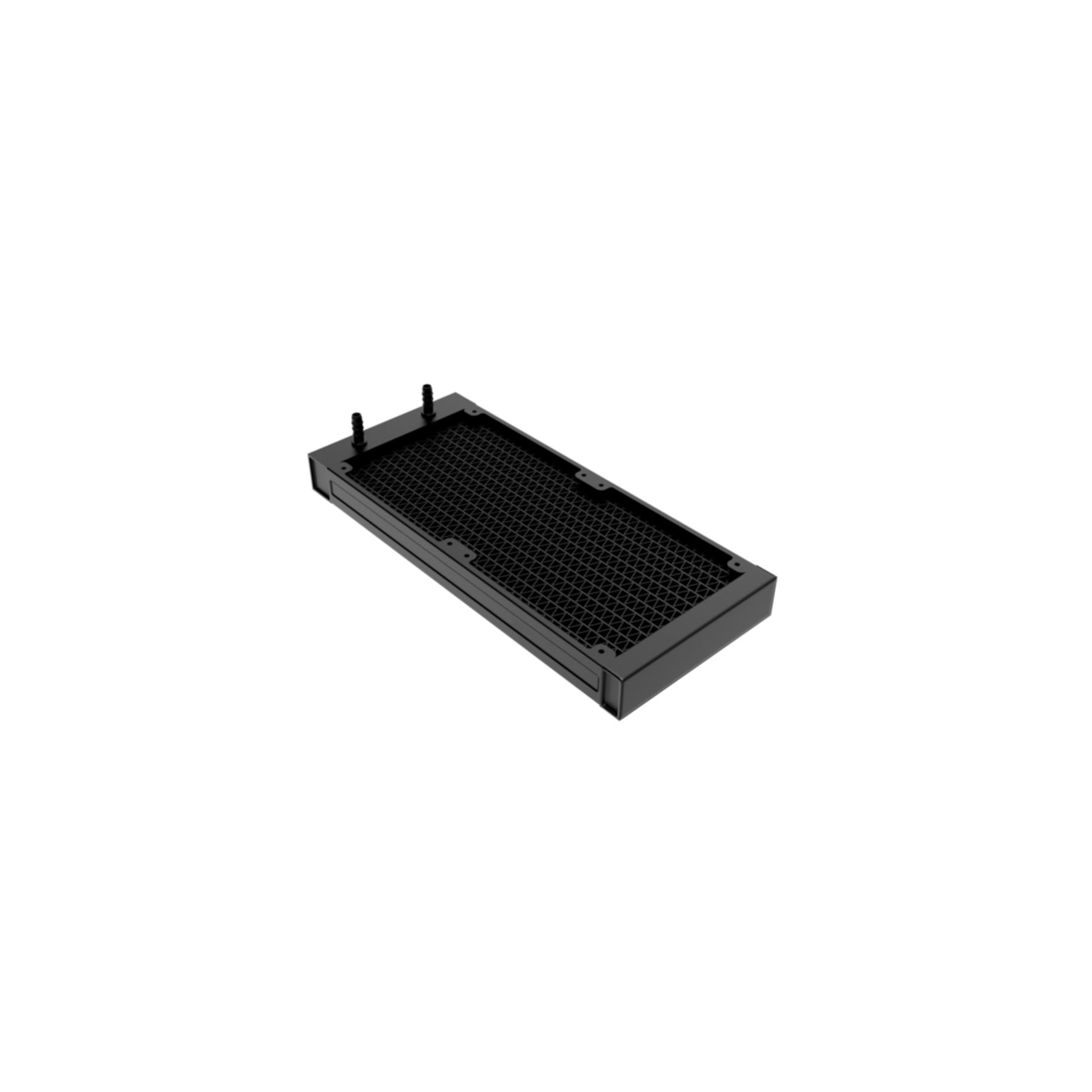 Czarny radiator do komputera z wzorem plastra miodu. Ma dwa porty połączeniowe na górze.