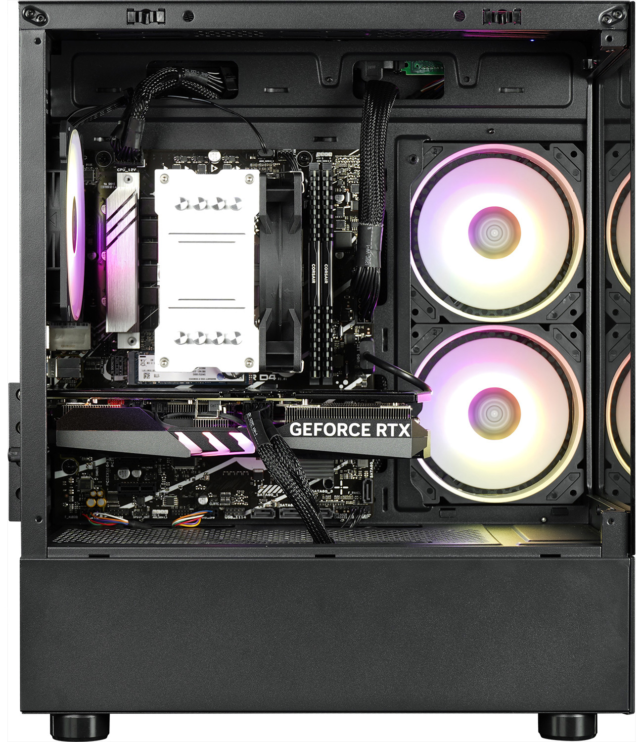 À l'intérieur d'un boîtier d'ordinateur avec composants visibles: refroidisseur CPU, GPU, RAM, ventilateurs et carte mère.