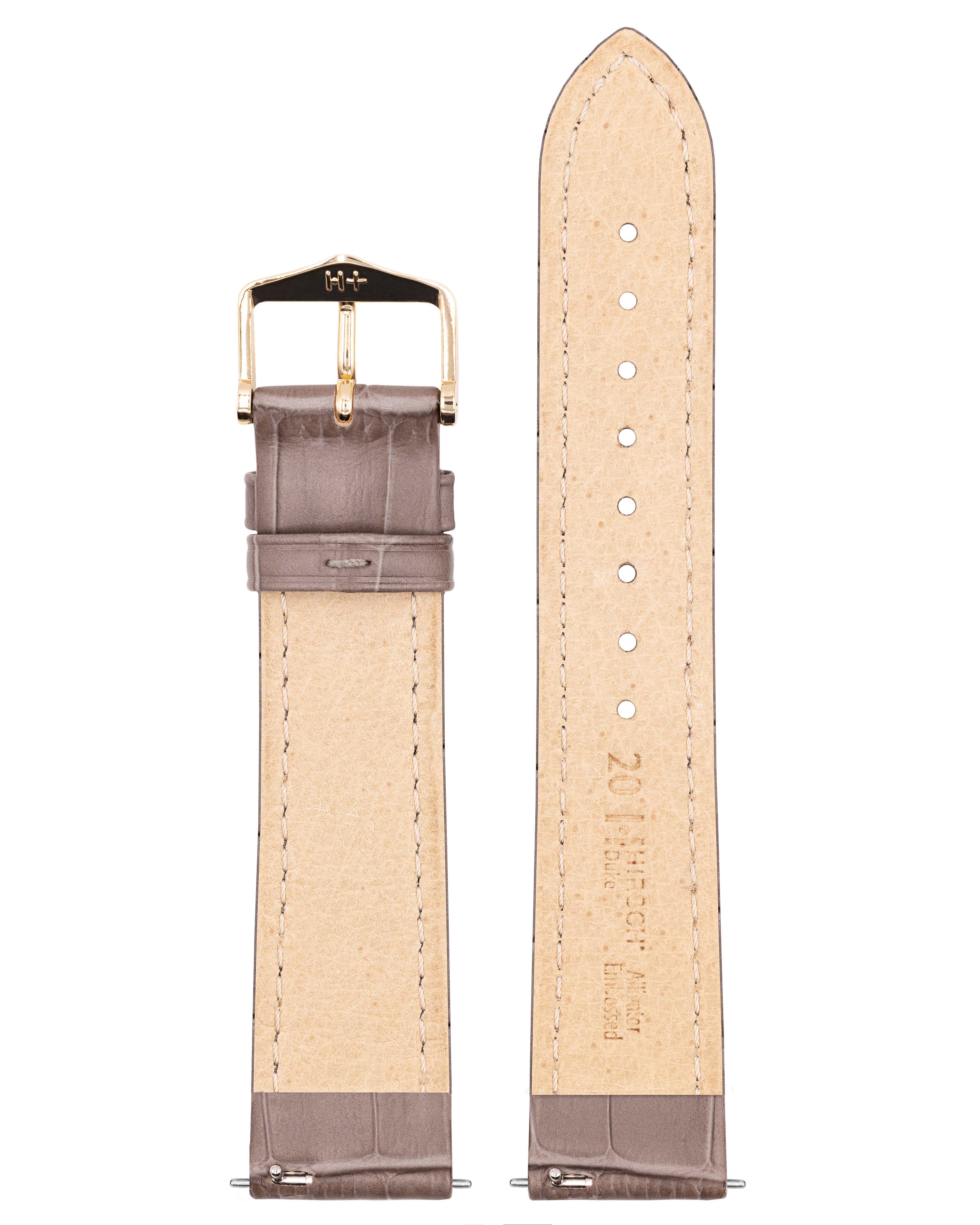 Graues, geprägtes Krokodil-Uhrenarmband mit goldener Schnalle. Das Armband hat eine strukturierte Oberfläche.