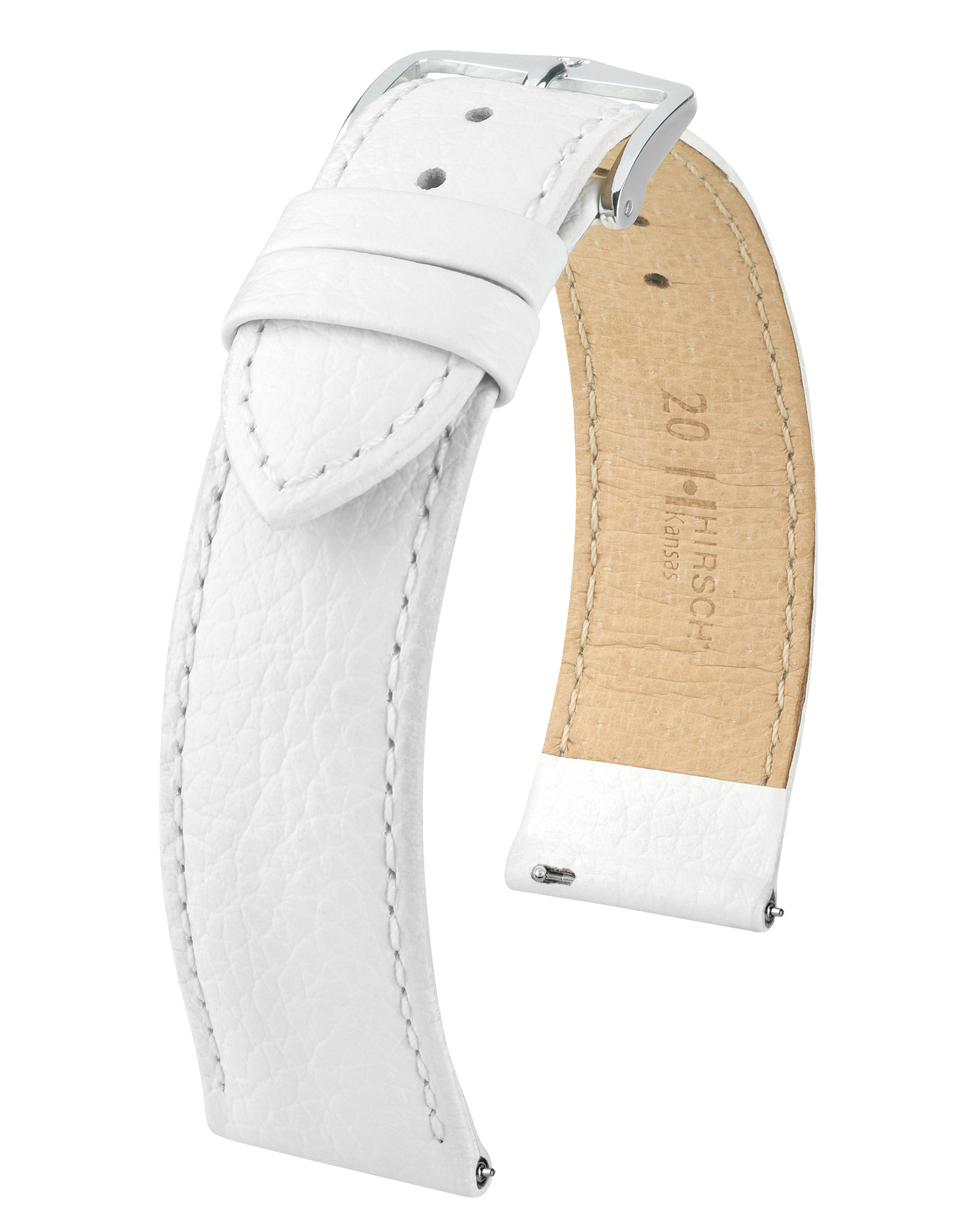 Weißes Lederarmband mit weißen Nähten und einer Silberschnalle. Das Armband hat eine strukturierte Oberfläche.