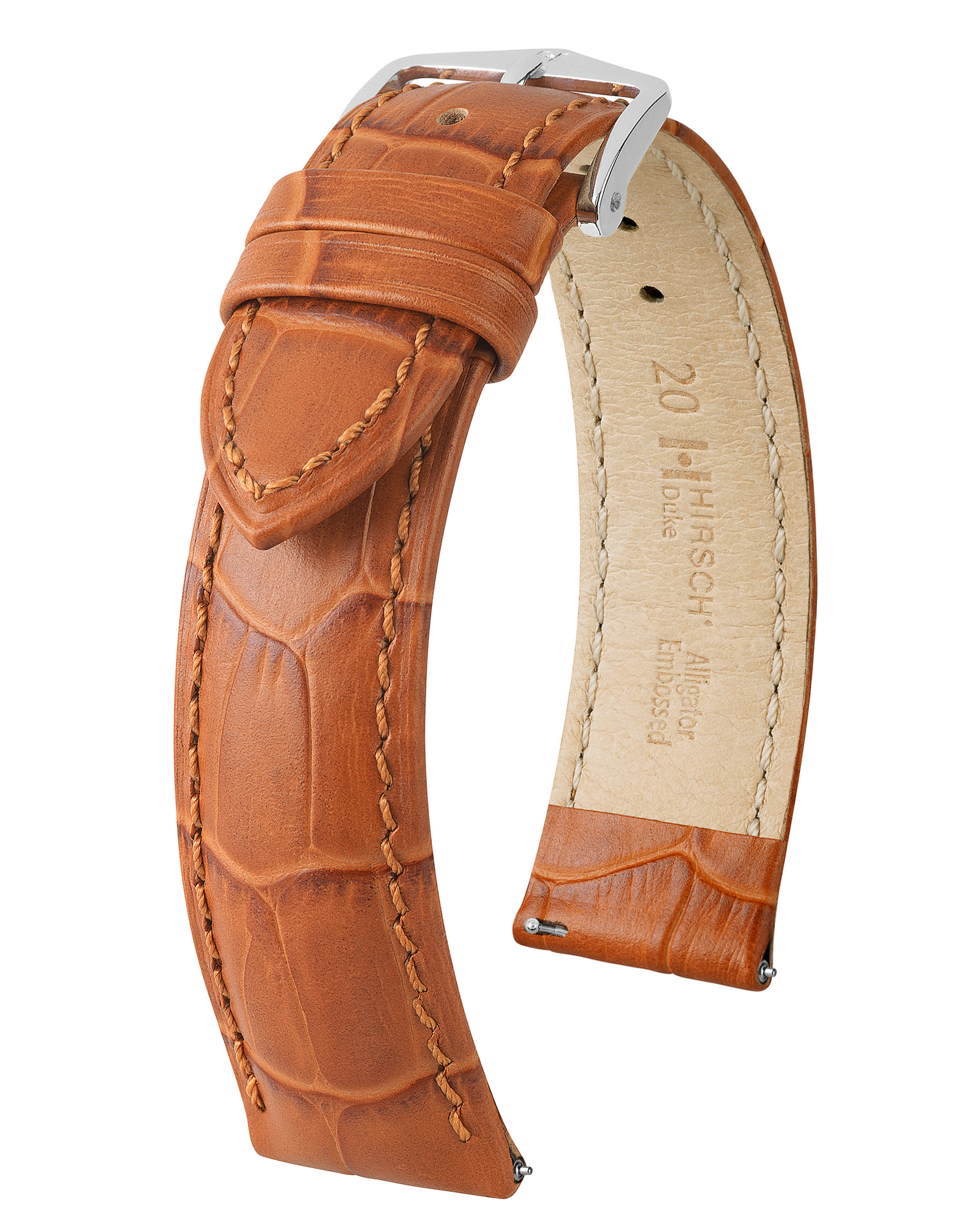 Braunes, geprägtes Alligator-Uhrenarmband, Silberschnalle. Das Armband hat eine strukturierte Oberfläche.
