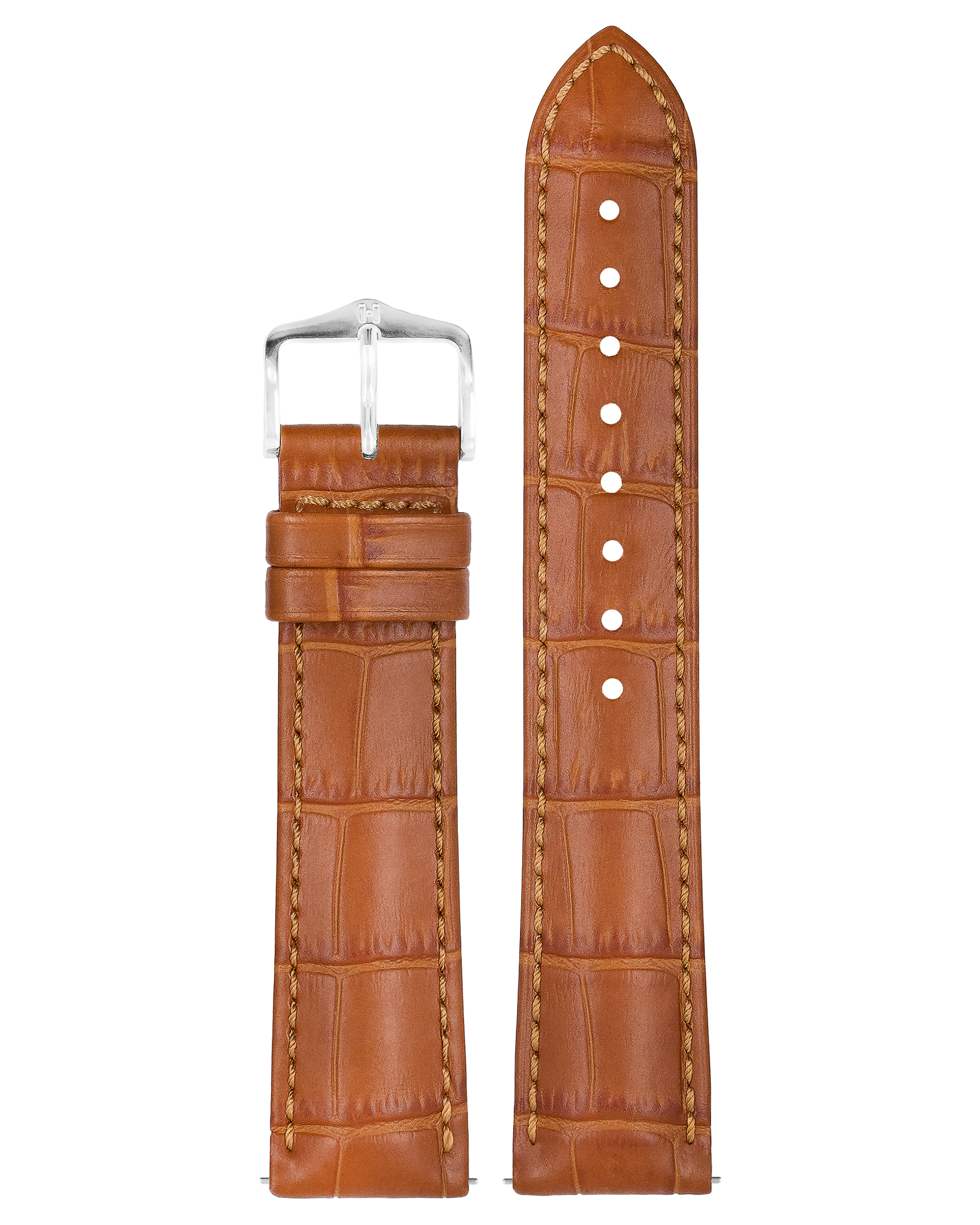 Braunes, geprägtes Alligator-Uhrenarmband mit Silberschnalle. Das Armband hat eine strukturierte Oberfläche.