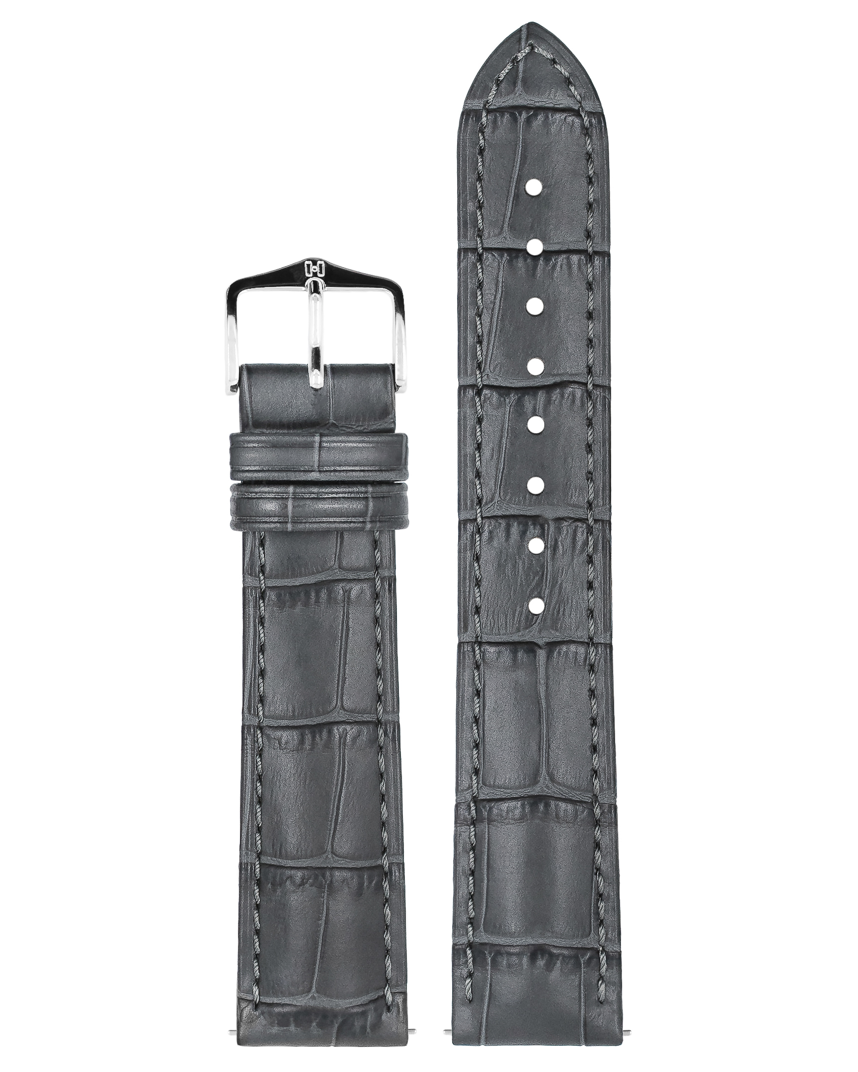Graues Krokodil-Uhrenarmband mit Silberschnalle. Das Armband hat eine strukturierte Oberfläche.