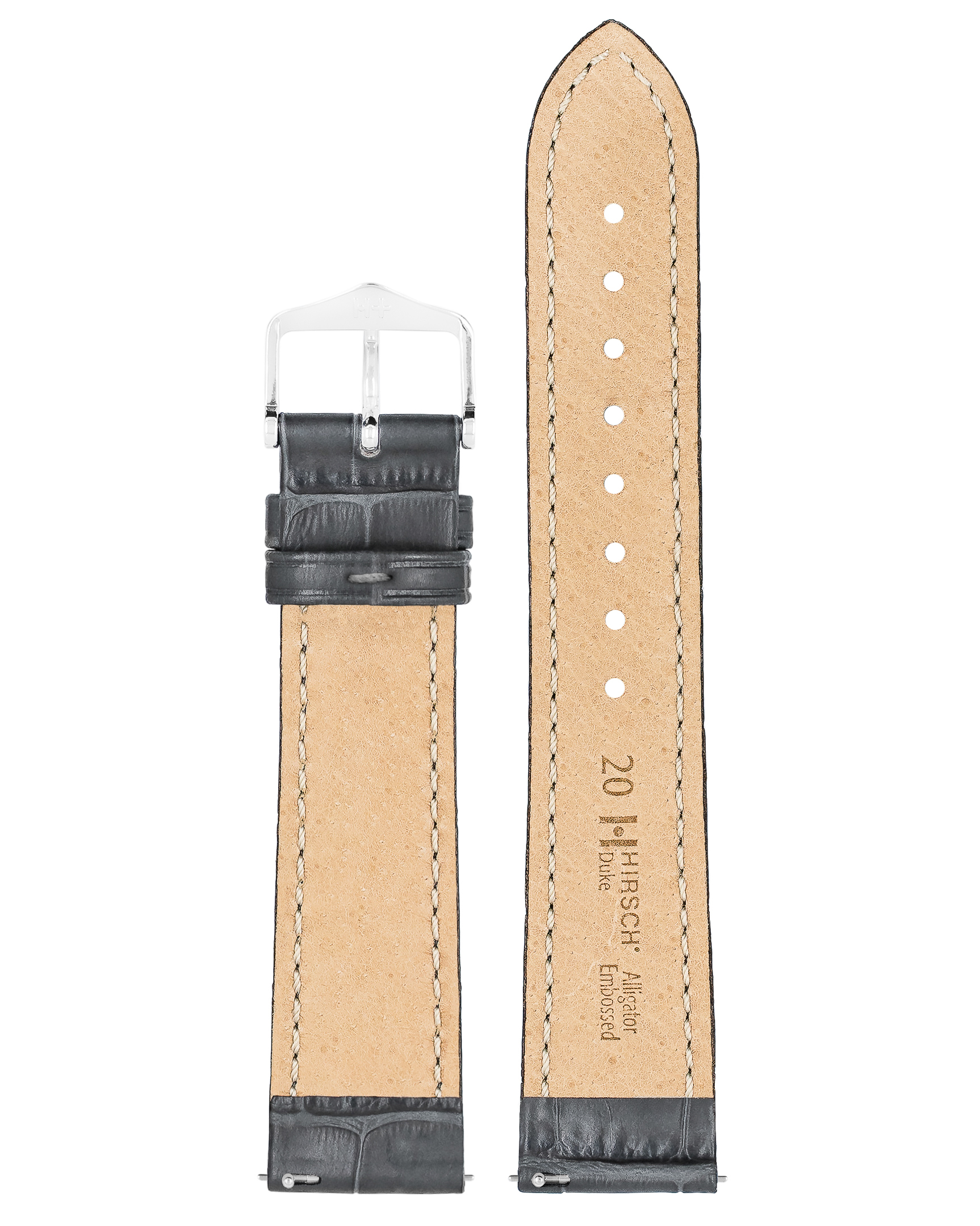 Schwarzes Leder-Uhrenarmband mit silberner Schnalle, beiger Unterseite und weißen Nähten. Das Armband ist 20 mm breit.