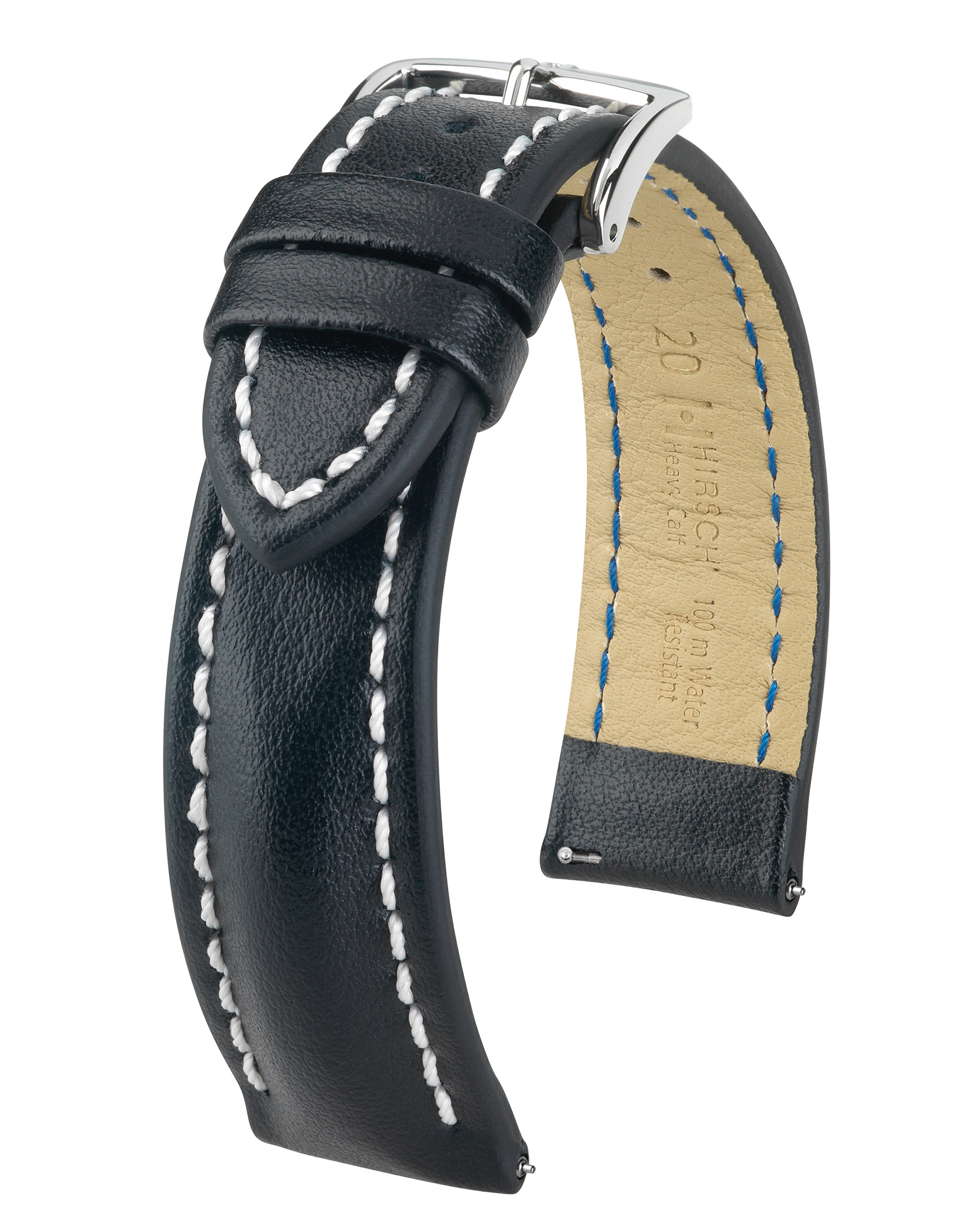 Schwarzes Lederarmband mit weißen Nähten und Silberschnalle. Das Armband hat eine strukturierte Oberfläche.