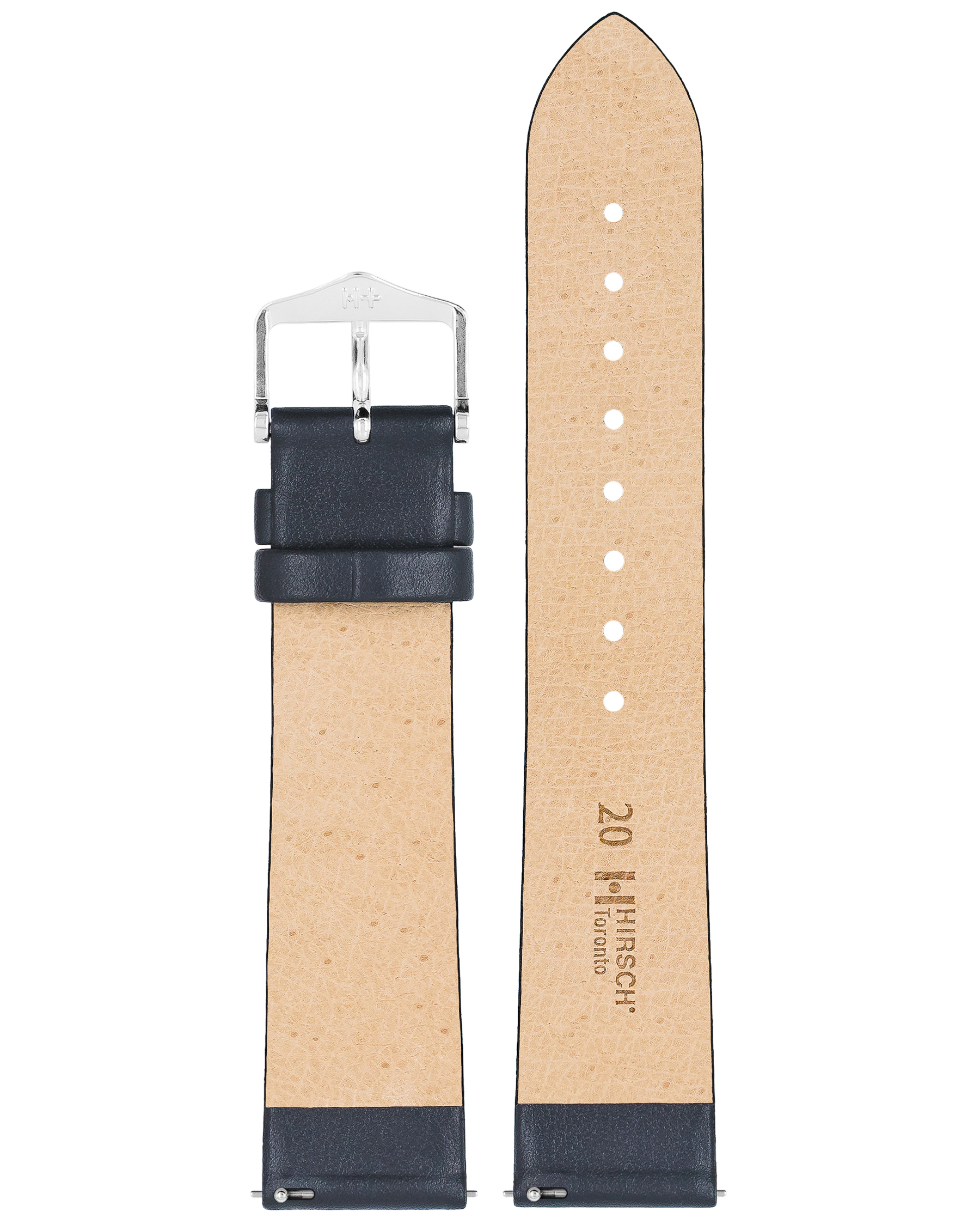 Dunkelblaues Uhrenarmband mit silberner Schnalle und hellbeigem Innenraum.
