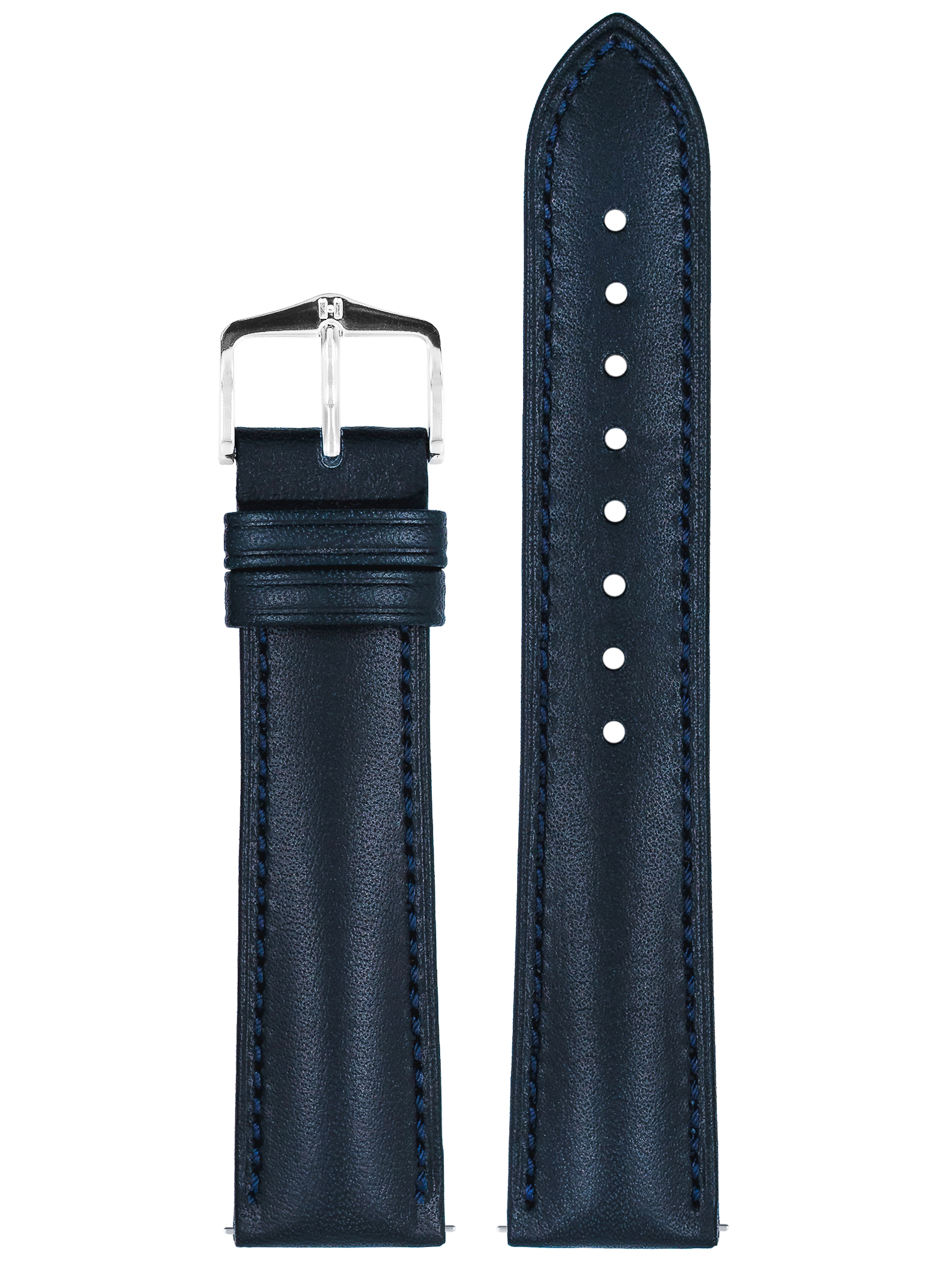 Dunkelblaues Uhrenarmband mit dunkelblauen Nähten, silberner Schnalle und glattem Leder.
