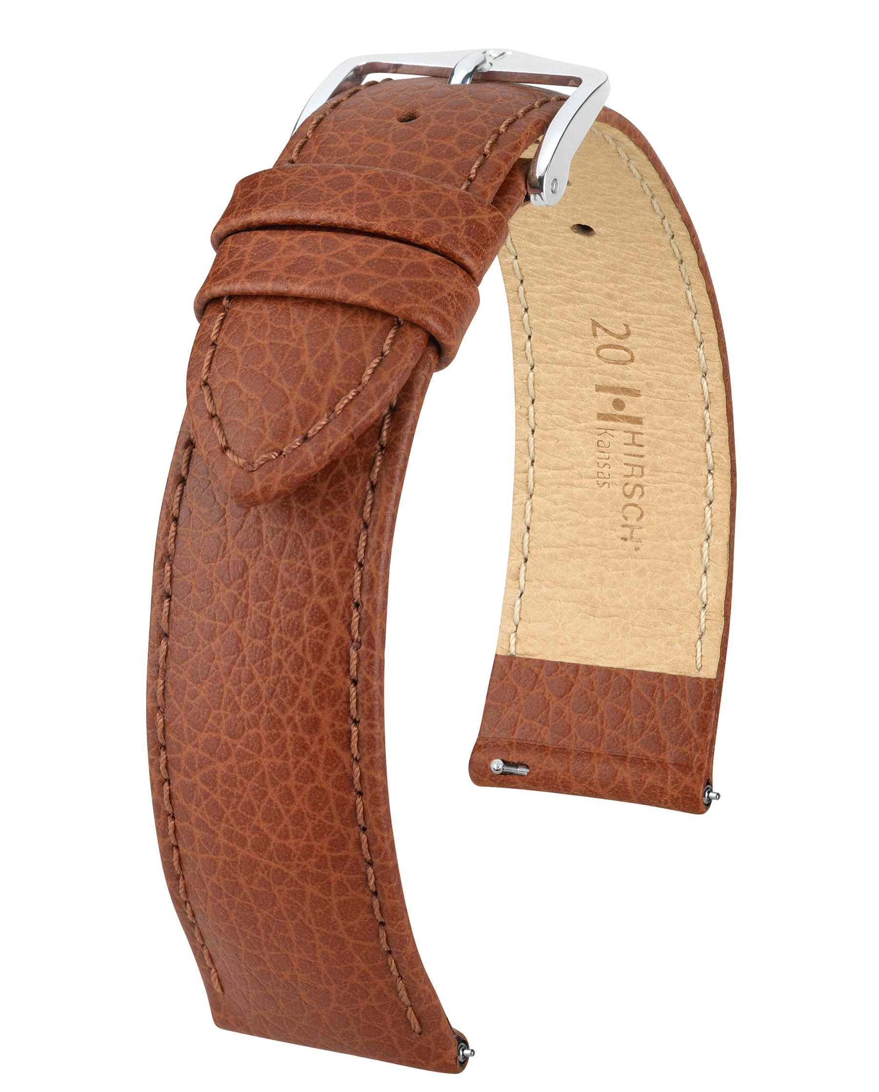 Braunes Lederarmband mit einer Silberschnalle. Das Armband hat eine strukturierte Oberfläche.