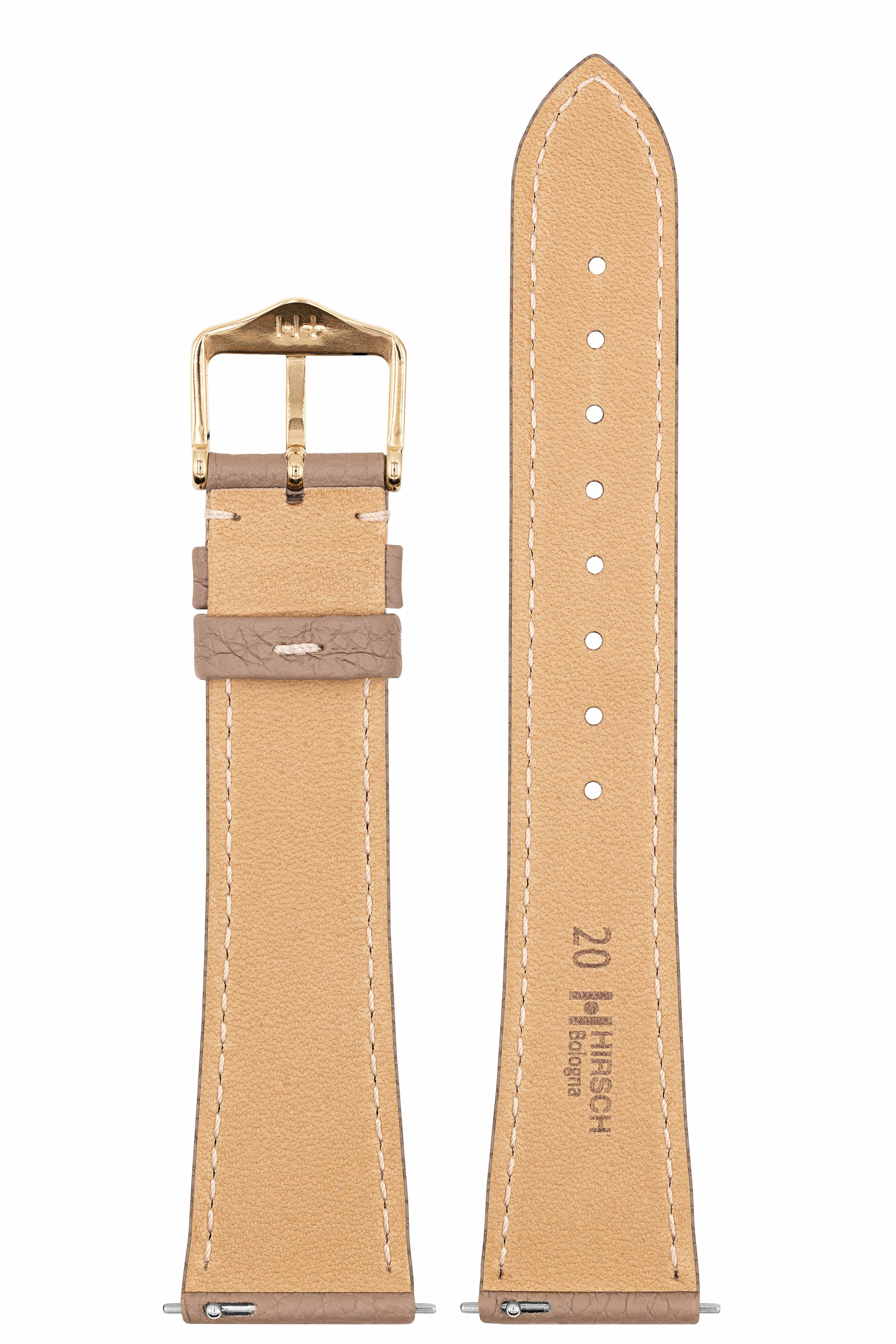 Hellbraunes Lederarmband mit goldener Schnalle und weißen Nähten. Die Rückseite ist hellbraun.
