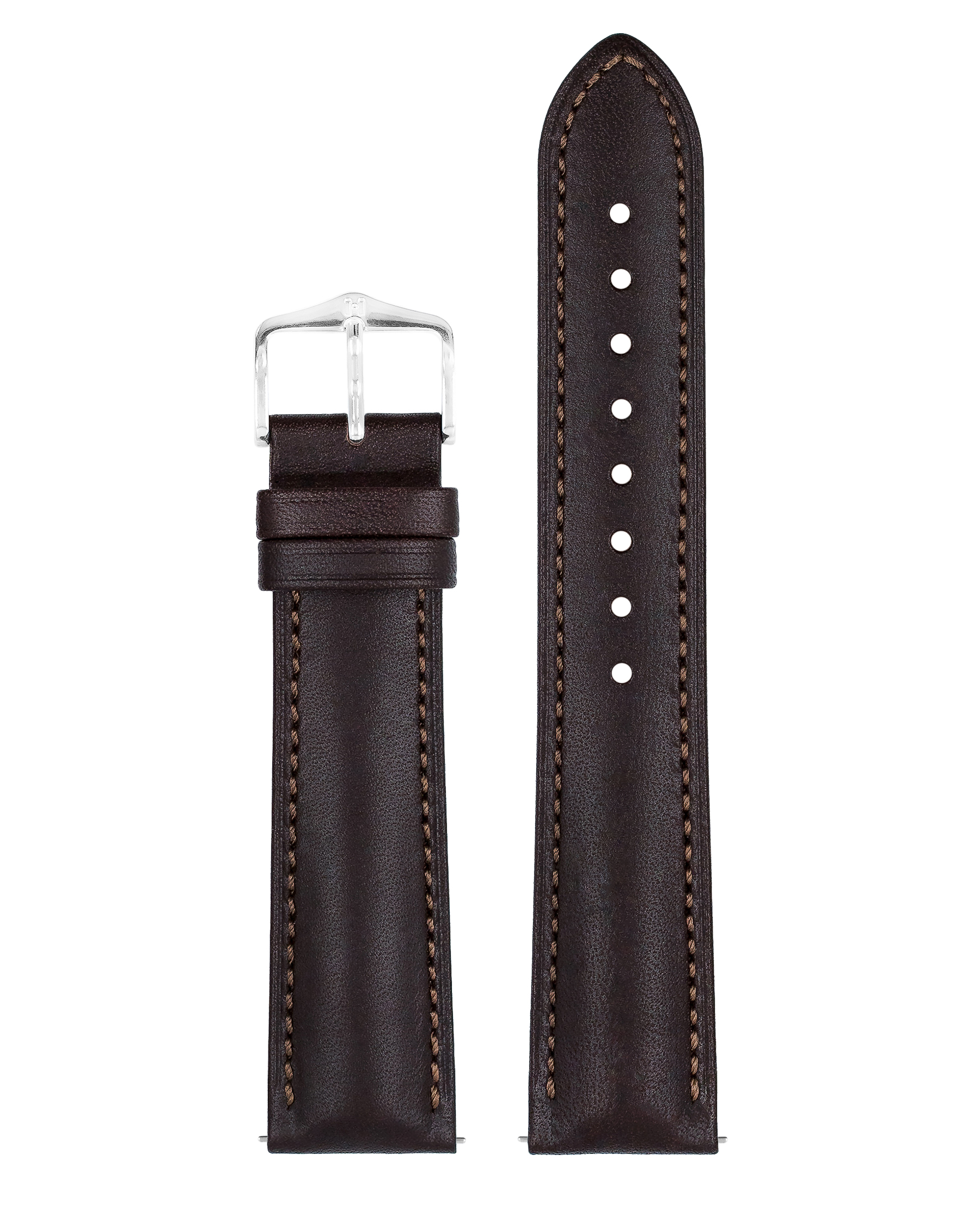 Dunkelbraunes Lederarmband mit braunen Nähten und Silberschnalle. Strukturierte Oberfläche.