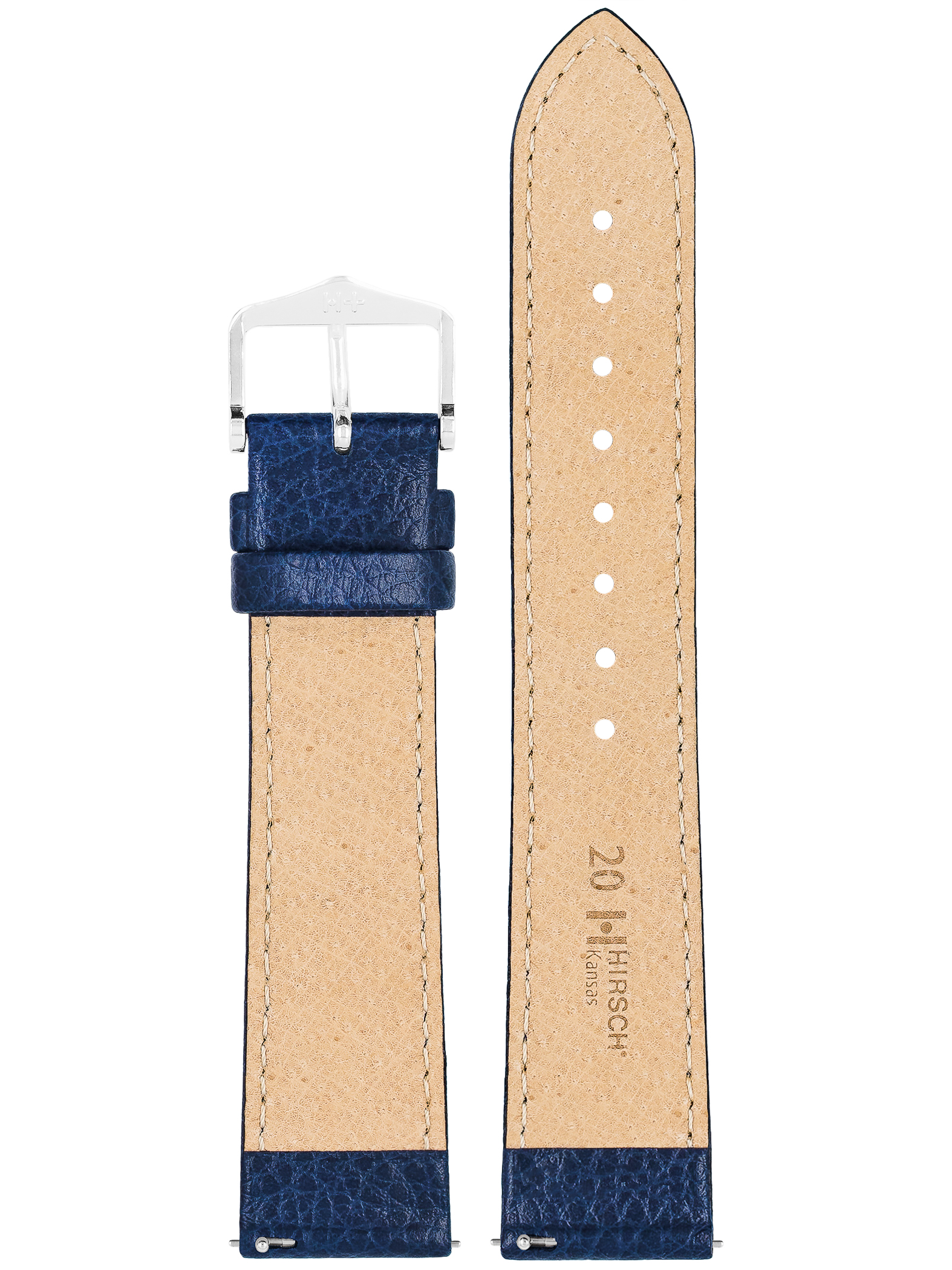 Blaues Lederarmband mit Silberschnalle. Das Armband hat eine strukturierte Oberfläche.