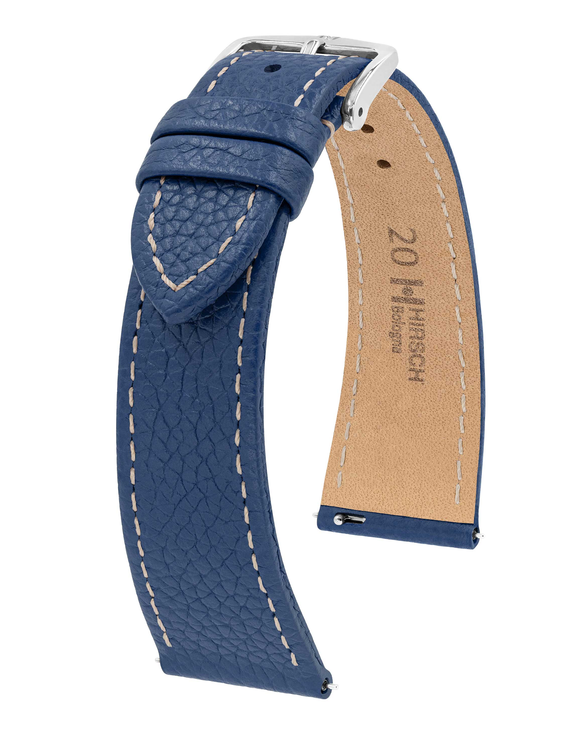 Blaues Uhrenarmband mit weißen Nähten, silberner Schnalle und strukturiertem Leder.