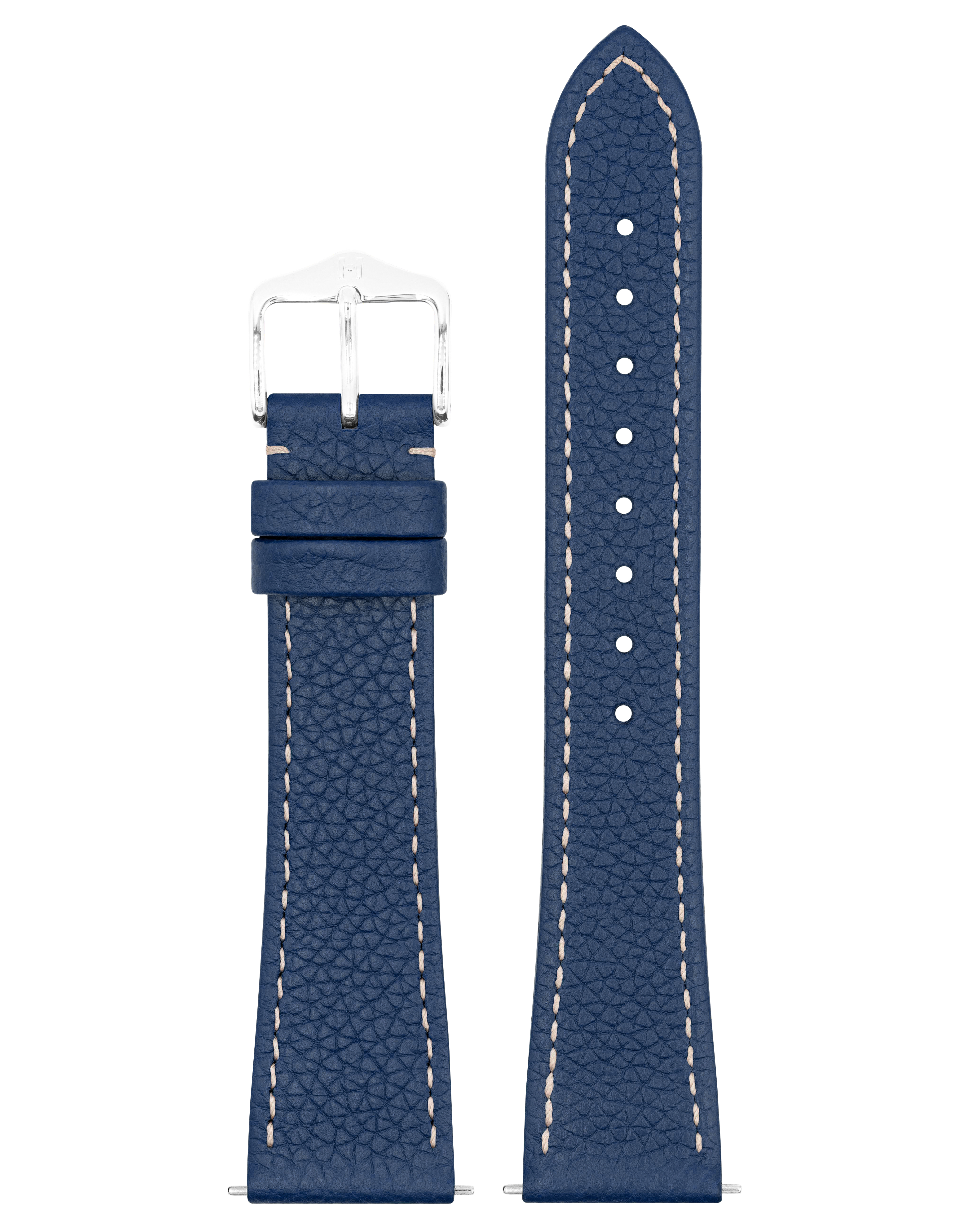 Dunkelblaues Lederarmband mit weißen Nähten und silberner Schnalle. Weißer Hintergrund.