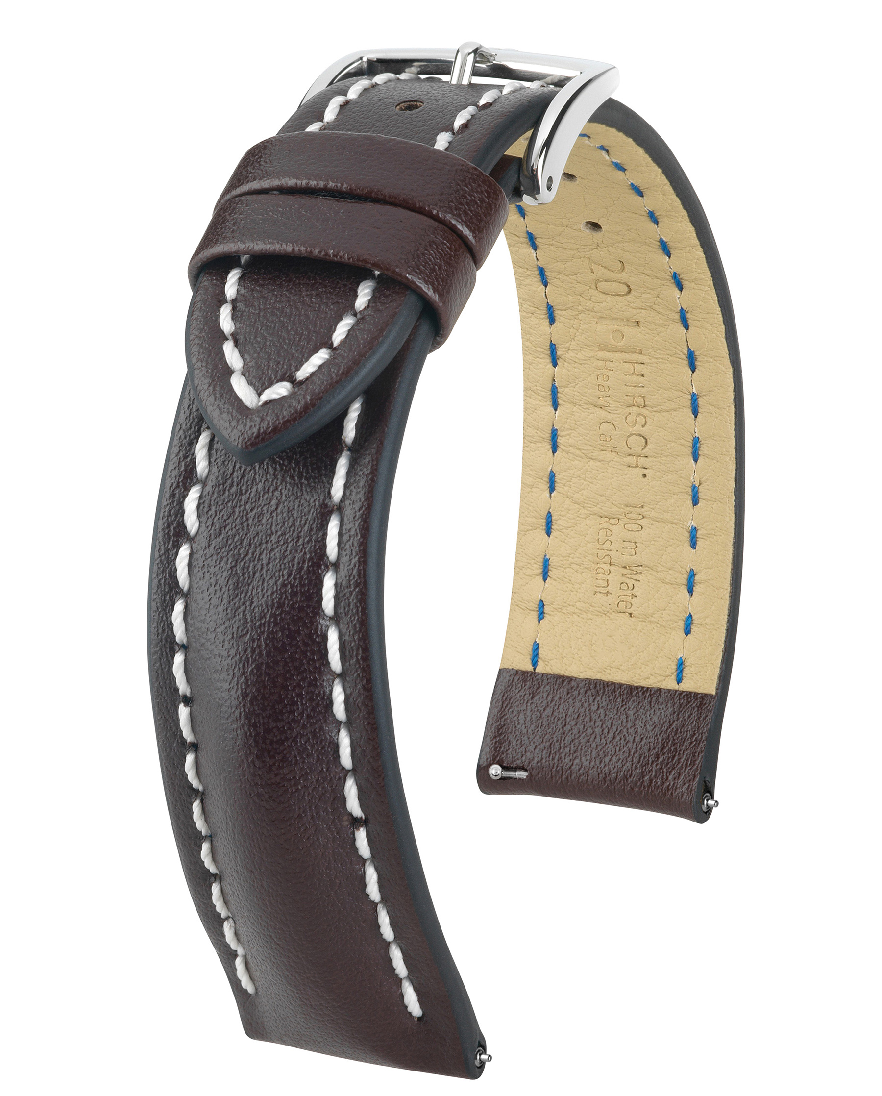 Braunes Uhrenarmband mit weißen Nähten, silberner Schnalle und Lederstruktur.