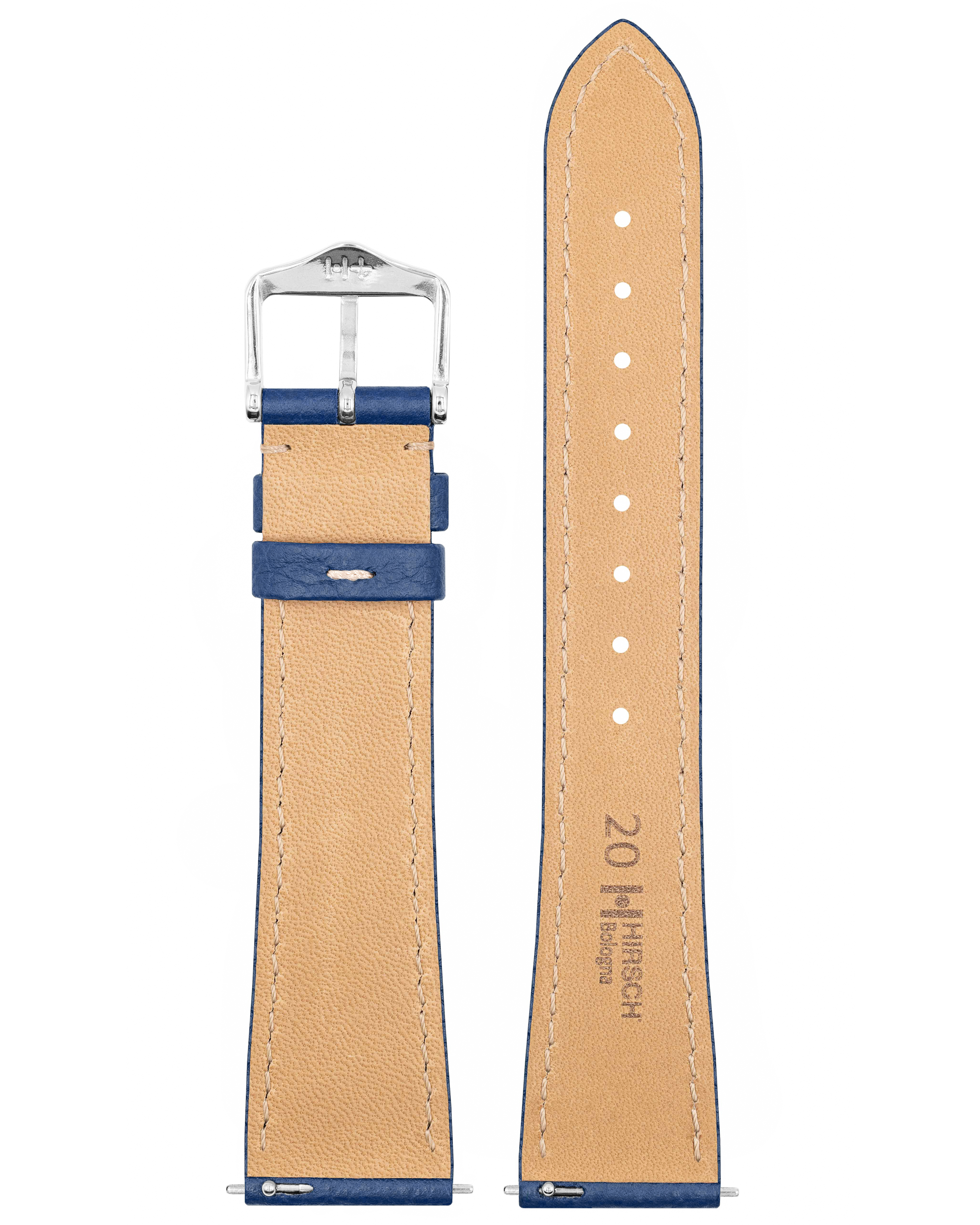 Blaues Uhrenarmband mit weißen Nähten, silberner Schnalle und Lederstruktur.