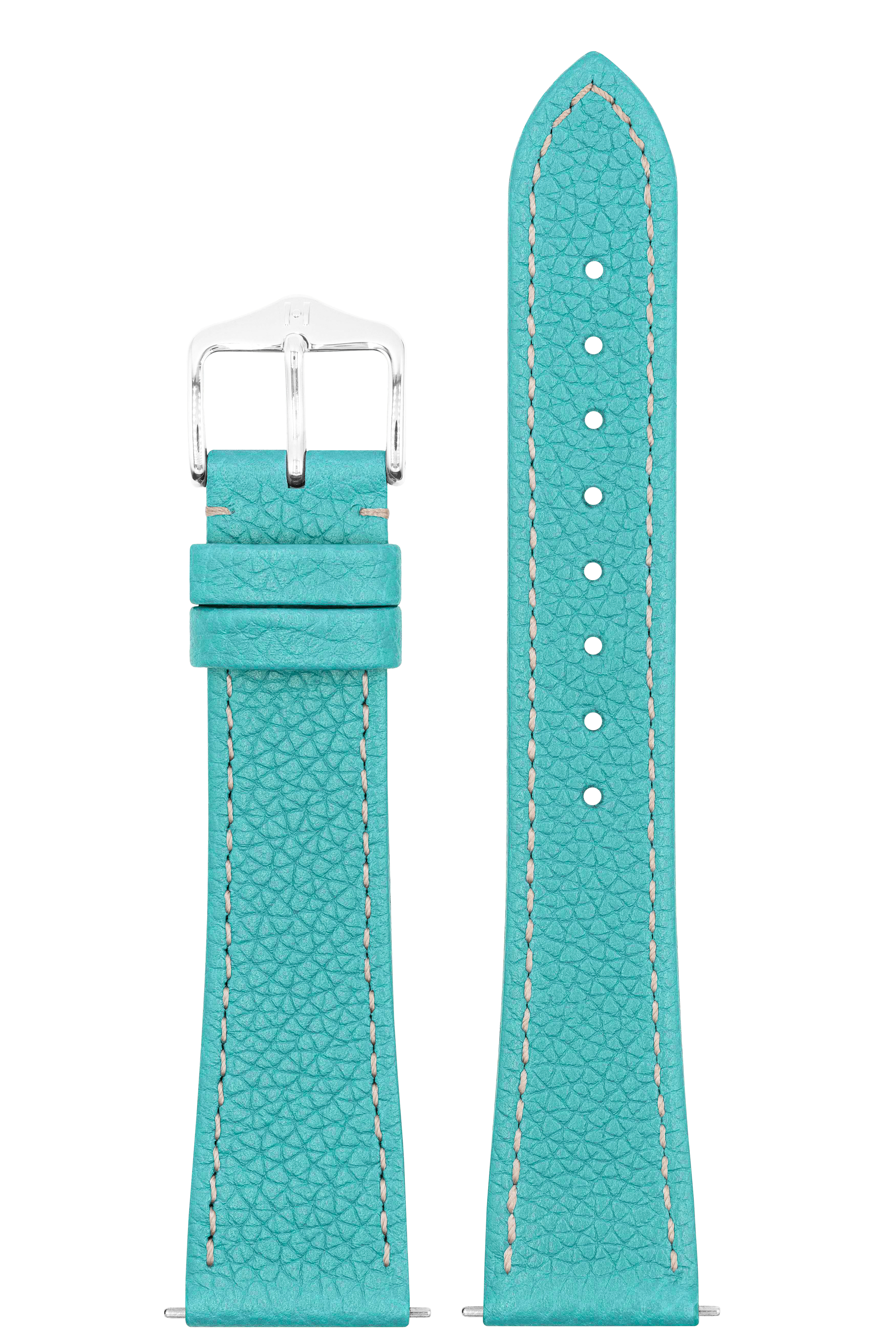 Türkisfarbenes Uhrenarmband mit weißen Nähten, silberner Schnalle und strukturierter Oberfläche.