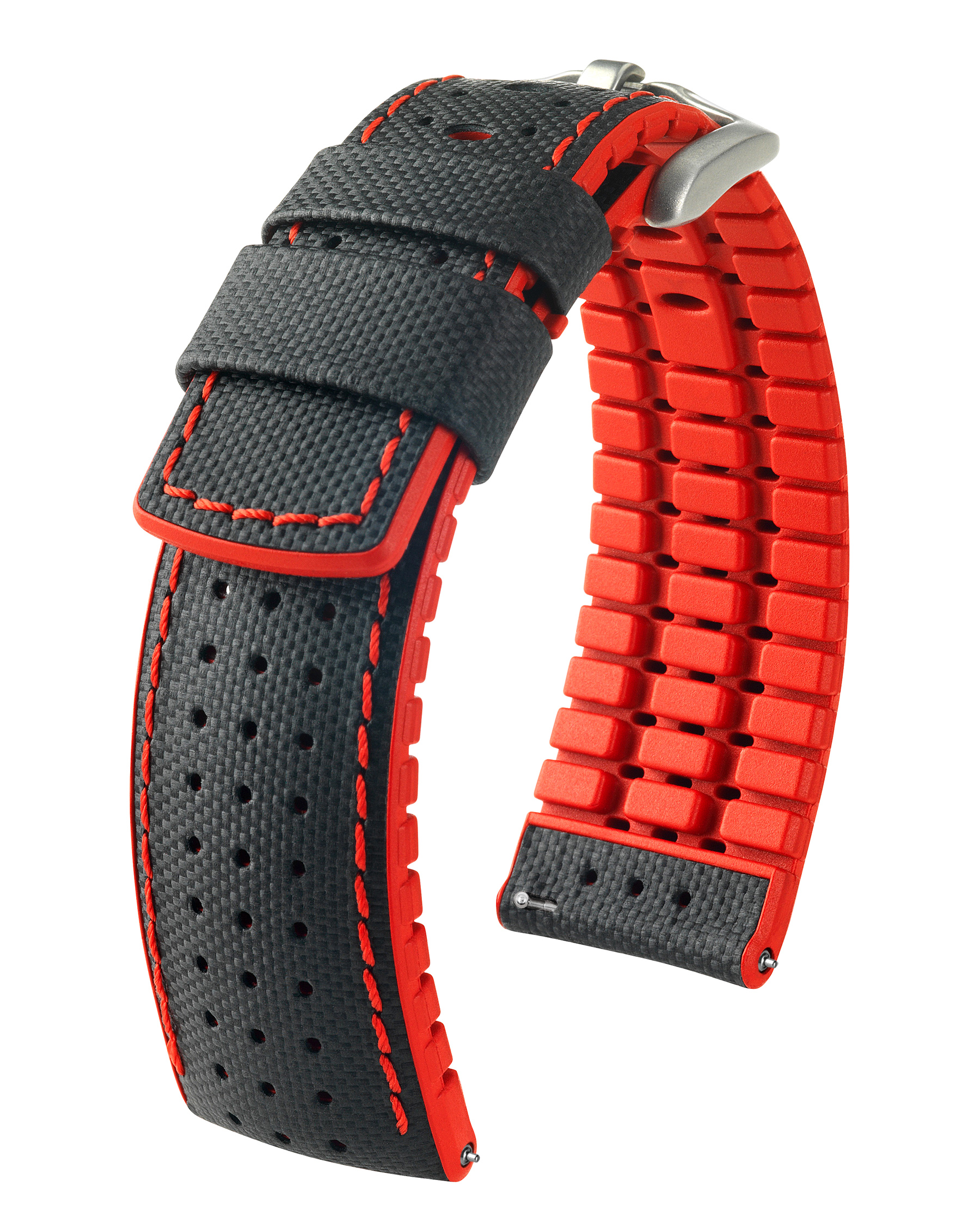 Schwarz-rotes Uhrenarmband mit roten Nähten, silberner Schnalle und perforiertem Design.
