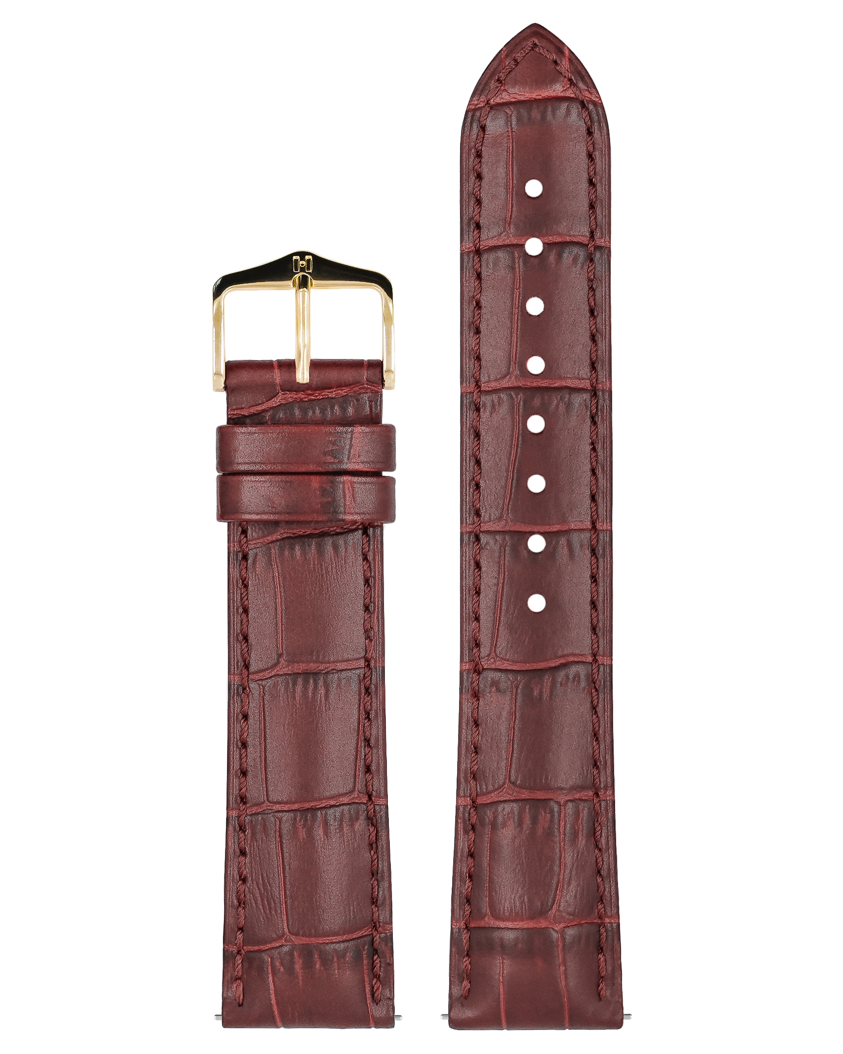 Burgunderfarbenes Lederarmband mit goldener Schnalle. Strukturierte Oberfläche. Weißer Hintergrund.