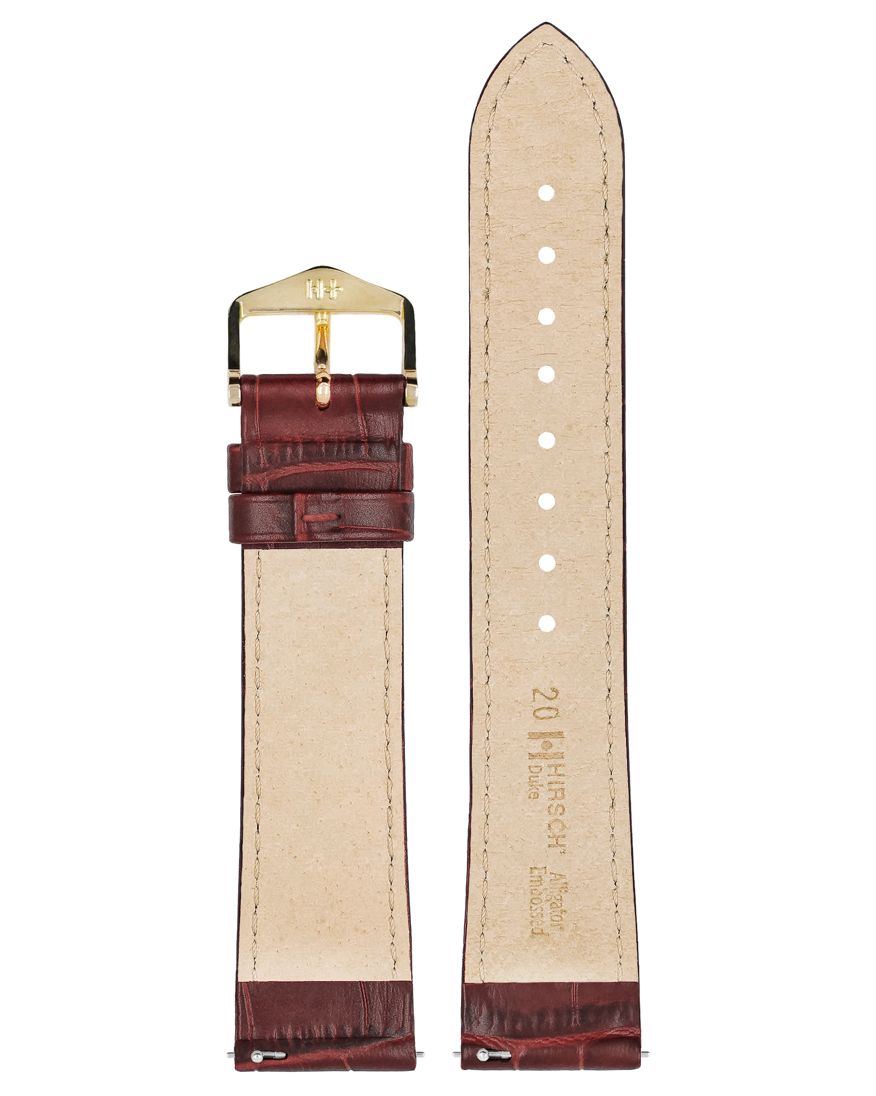 Burgunderfarbenes Uhrenarmband mit goldener Schnalle, Ledertextur und beigem Innenraum.