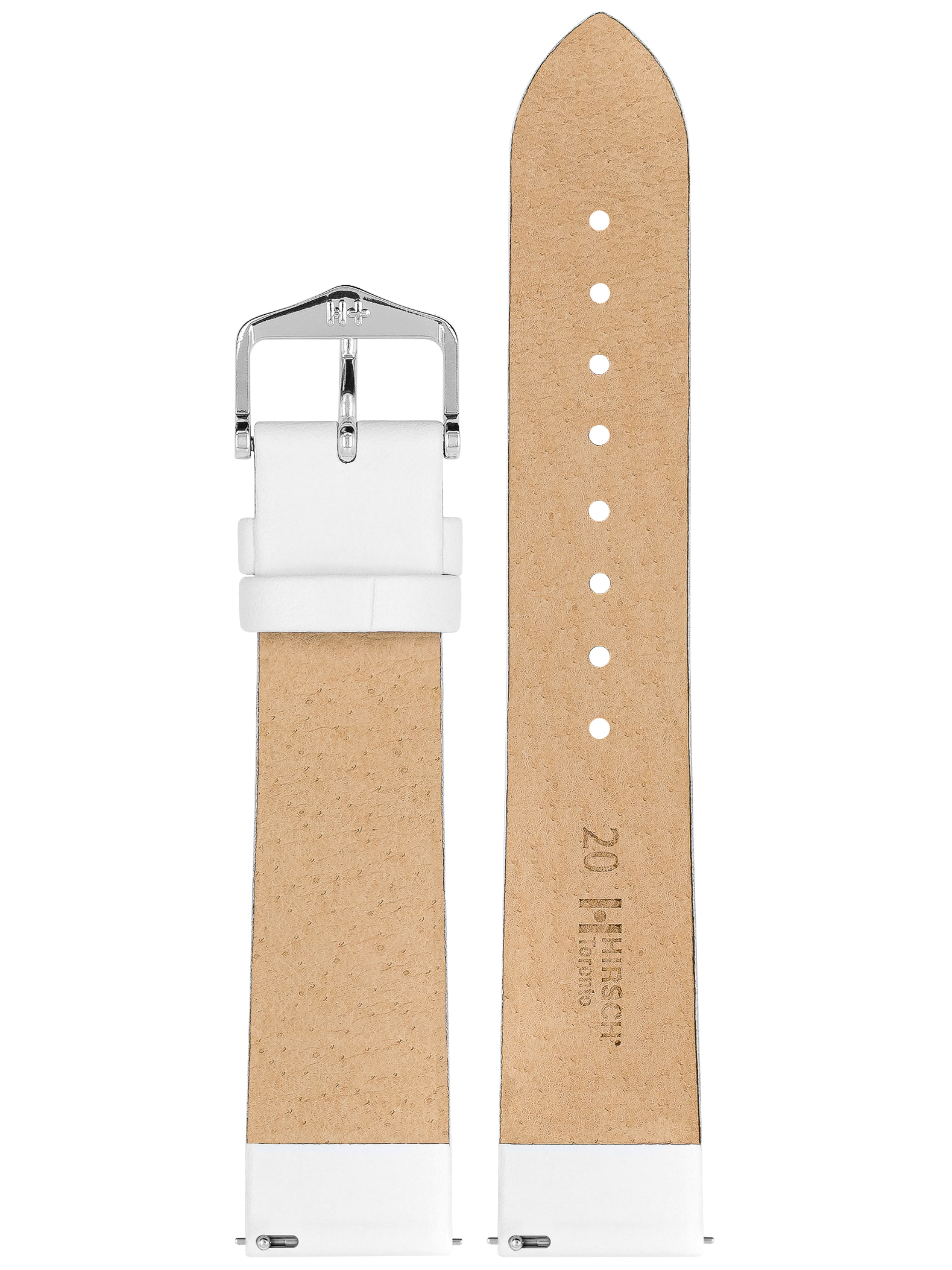 Weißes Lederarmband mit silberner Schnalle. Hellbraune Rückseite. Weißer Hintergrund.