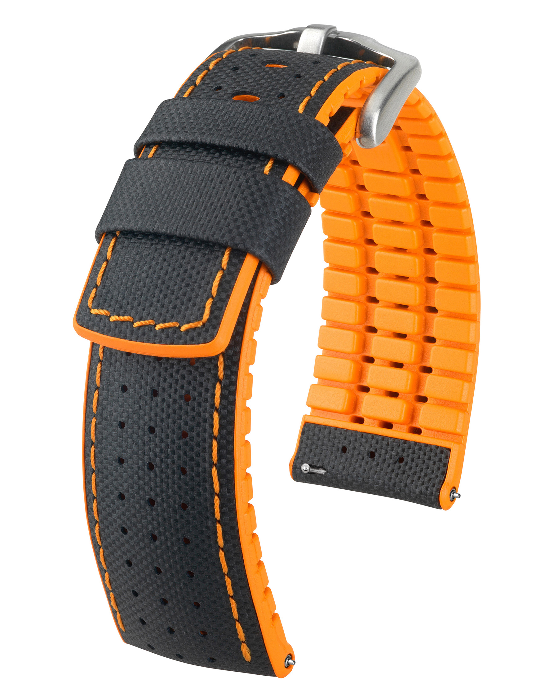Schwarz-oranges Uhrenarmband mit orangefarbenen Nähten, silberner Schnalle und robustem Design.