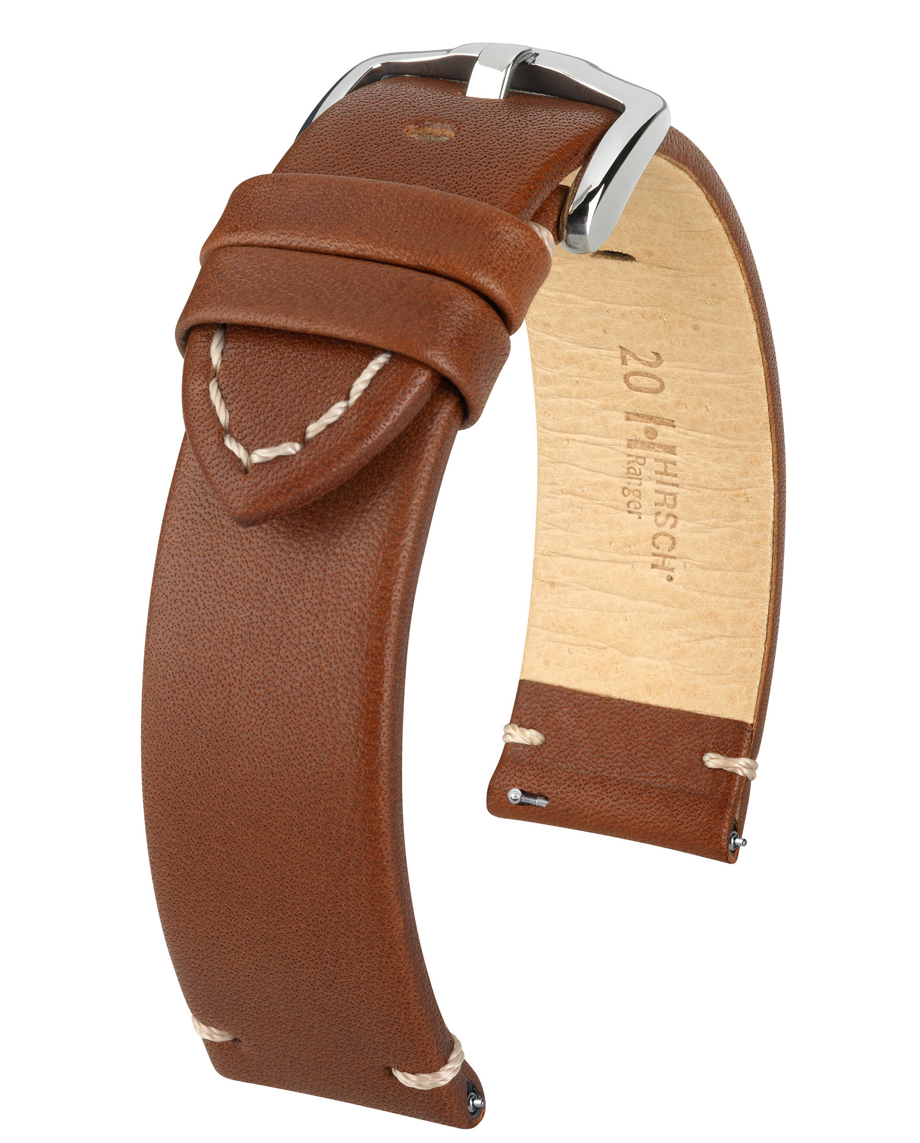 Braunes Lederarmband mit silberner Schnalle und weißen Nähten. Beiger Hintergrund.