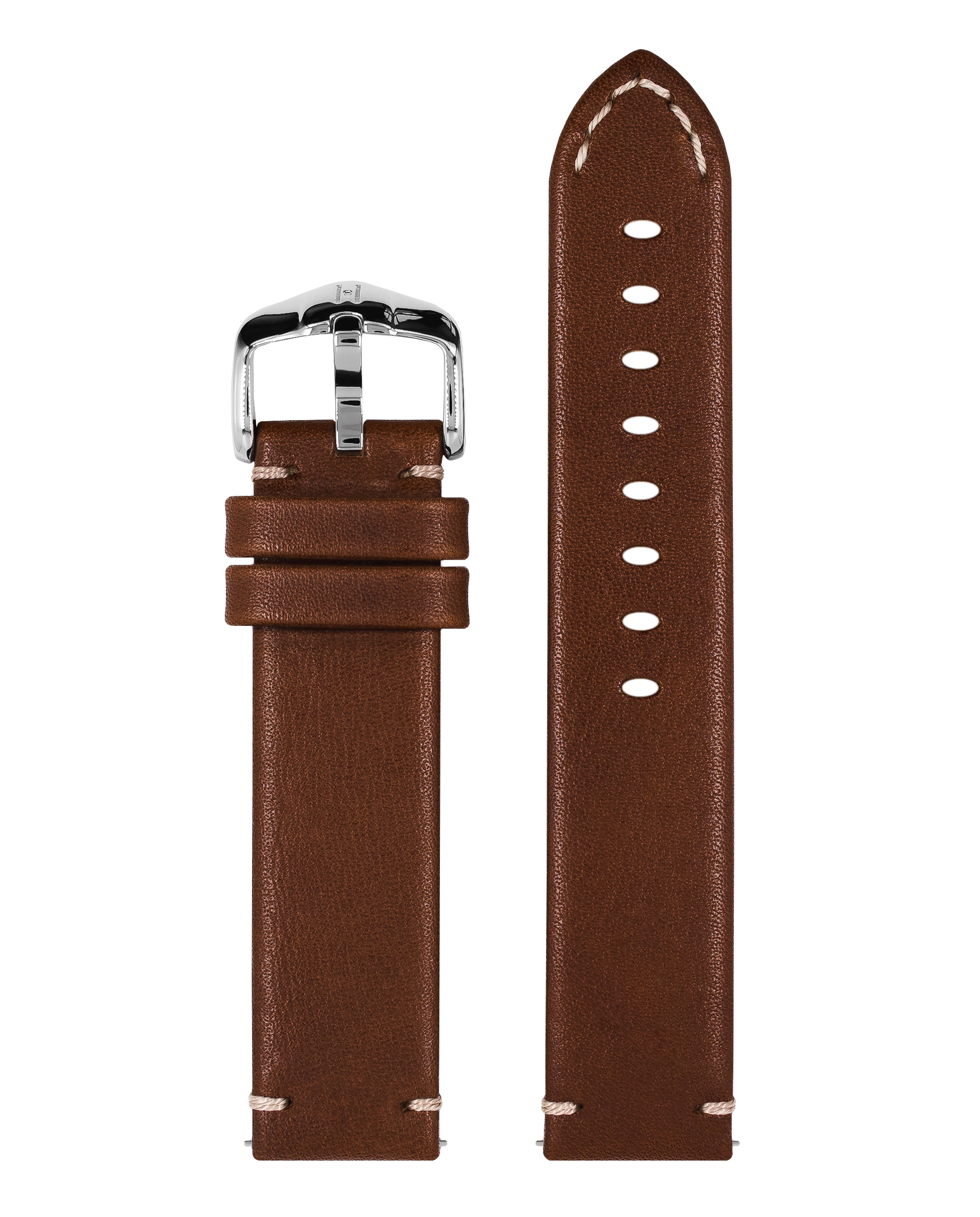 Braunes Lederarmband mit silberner Schnalle und weißen Nähten. Weißer Hintergrund.