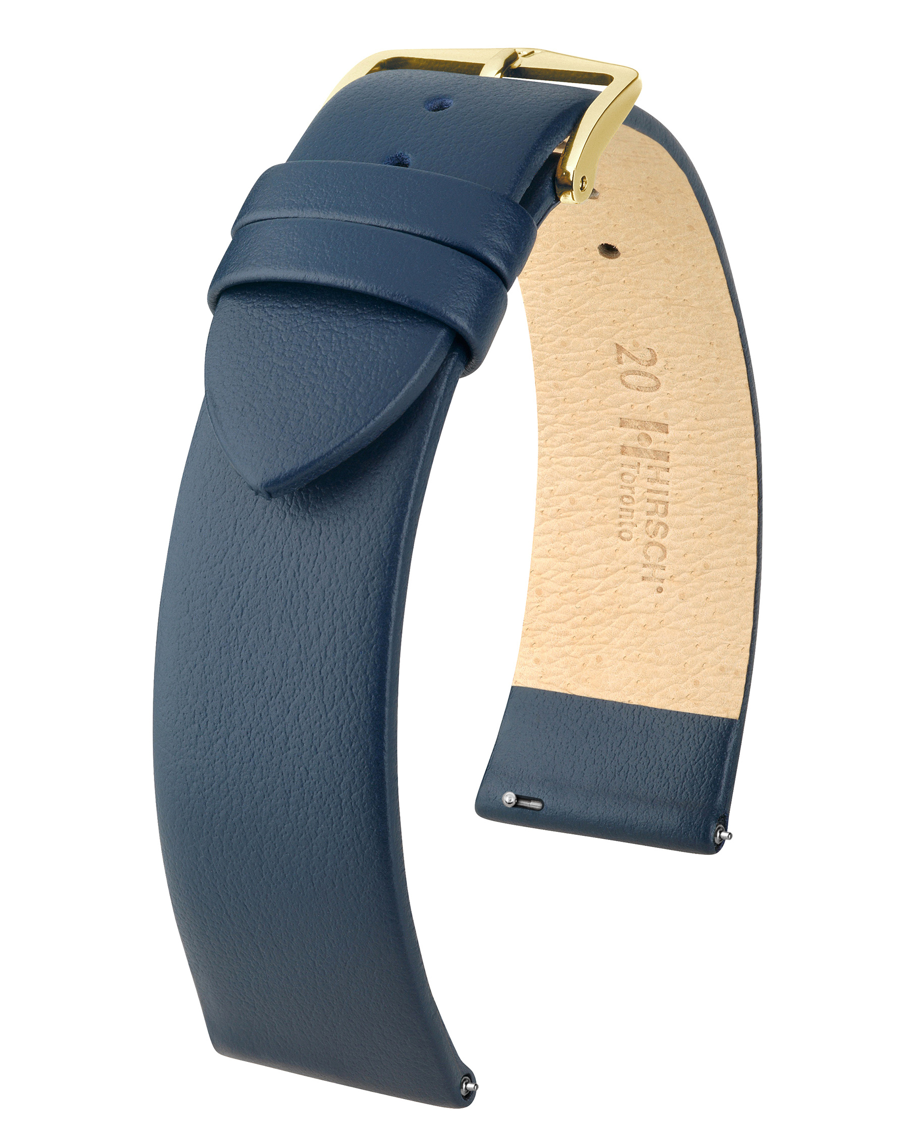 Blaues Leder-Uhrenarmband mit goldener Schnalle. Die Innenseite ist beige und hat den Text 'HIRSCH Toronto'.