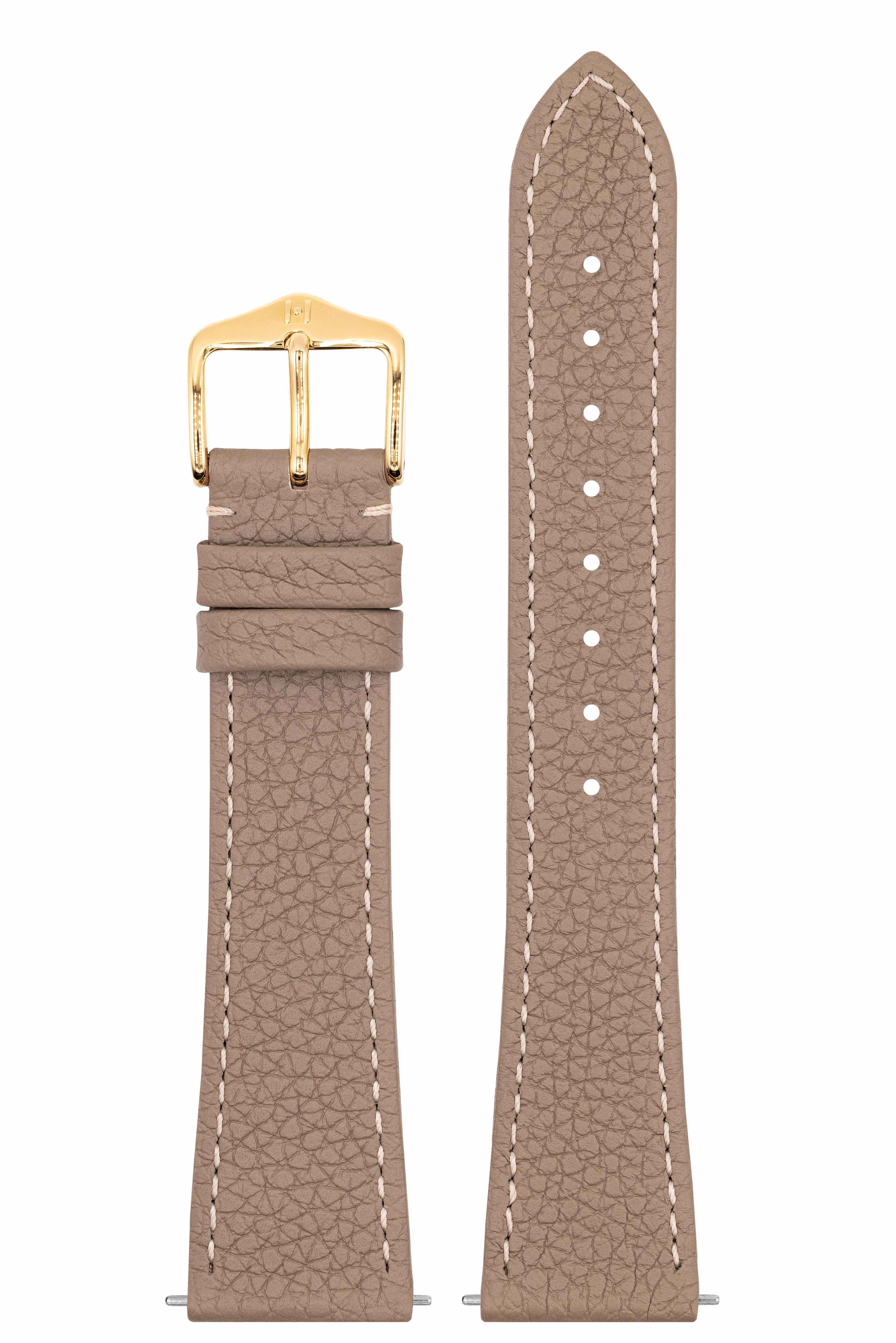 Hellbraunes Leder-Uhrenarmband mit goldener Schnalle. Das Armband hat eine strukturierte Oberfläche und weiße Nähte.