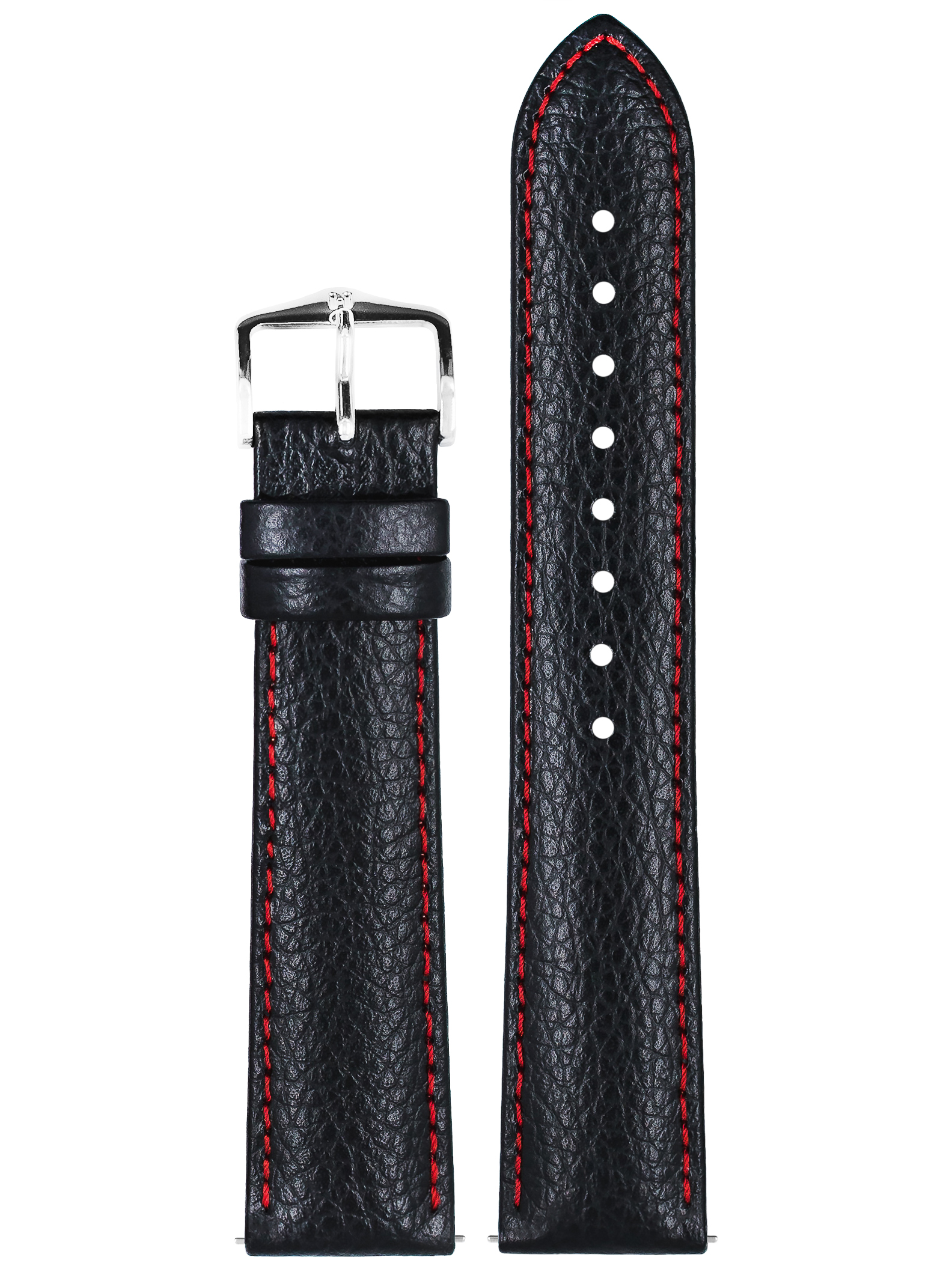 Schwarzes Uhrenarmband mit roten Nähten und silberner Schnalle. Das Leder hat eine strukturierte Oberfläche.