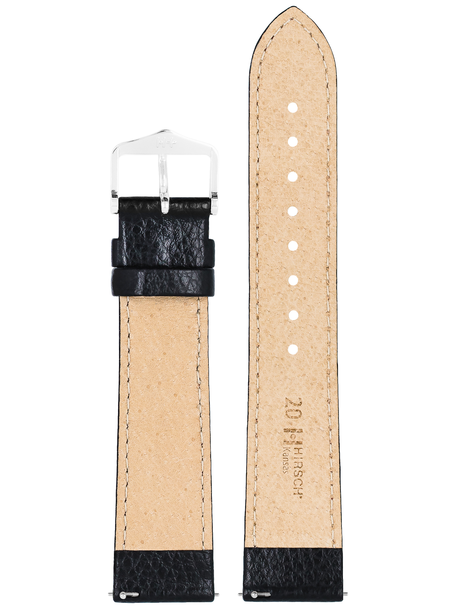 Schwarzes Leder-Uhrenarmband mit silberner Schnalle und beiger Lederunterseite, weiße Nähte.