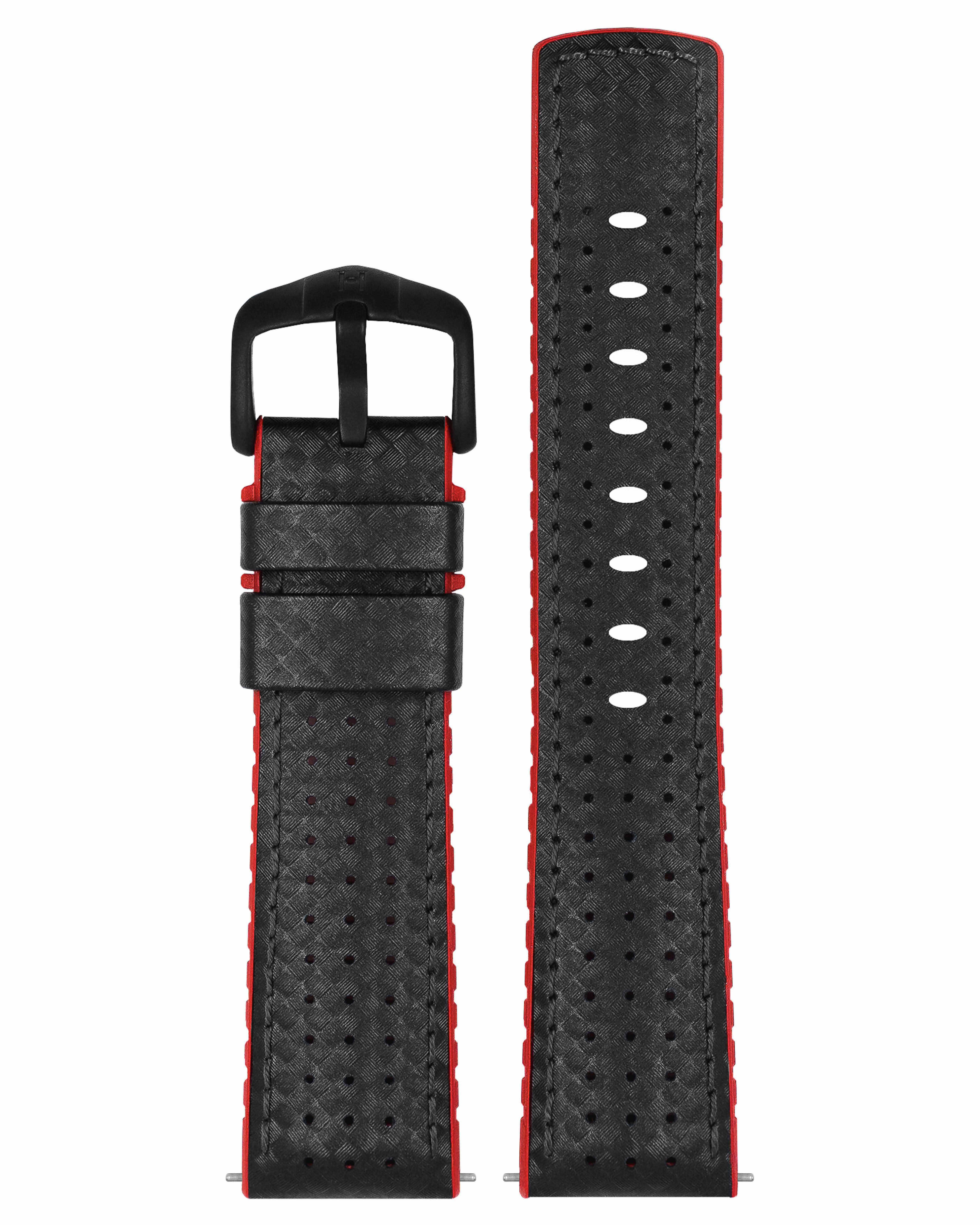 Schwarzes Uhrenarmband mit roten Kanten. Schwarze Schnalle. Weißer Hintergrund.