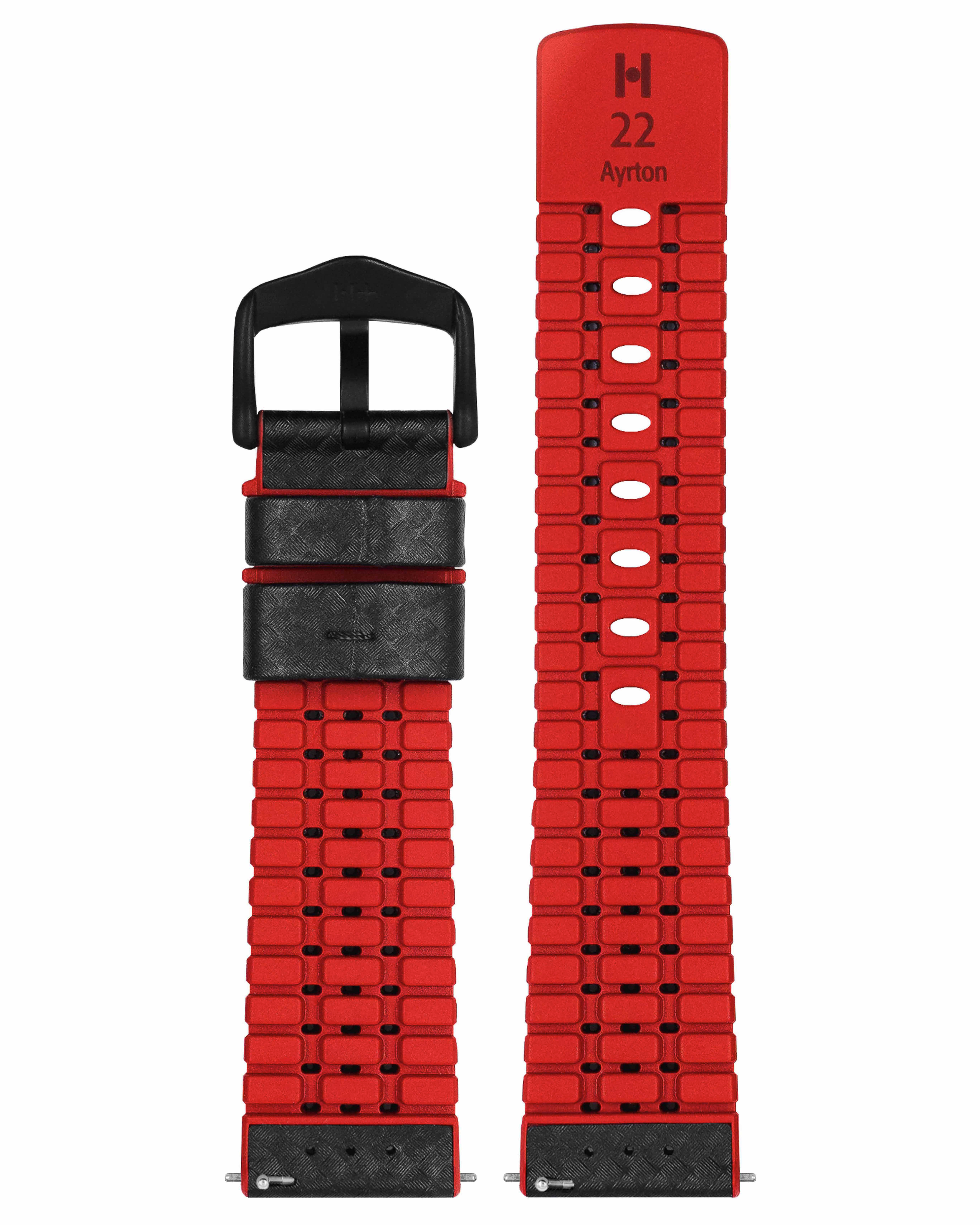 Rotes und schwarzes Uhrenarmband. Schwarze Schnalle. Weißer Hintergrund.