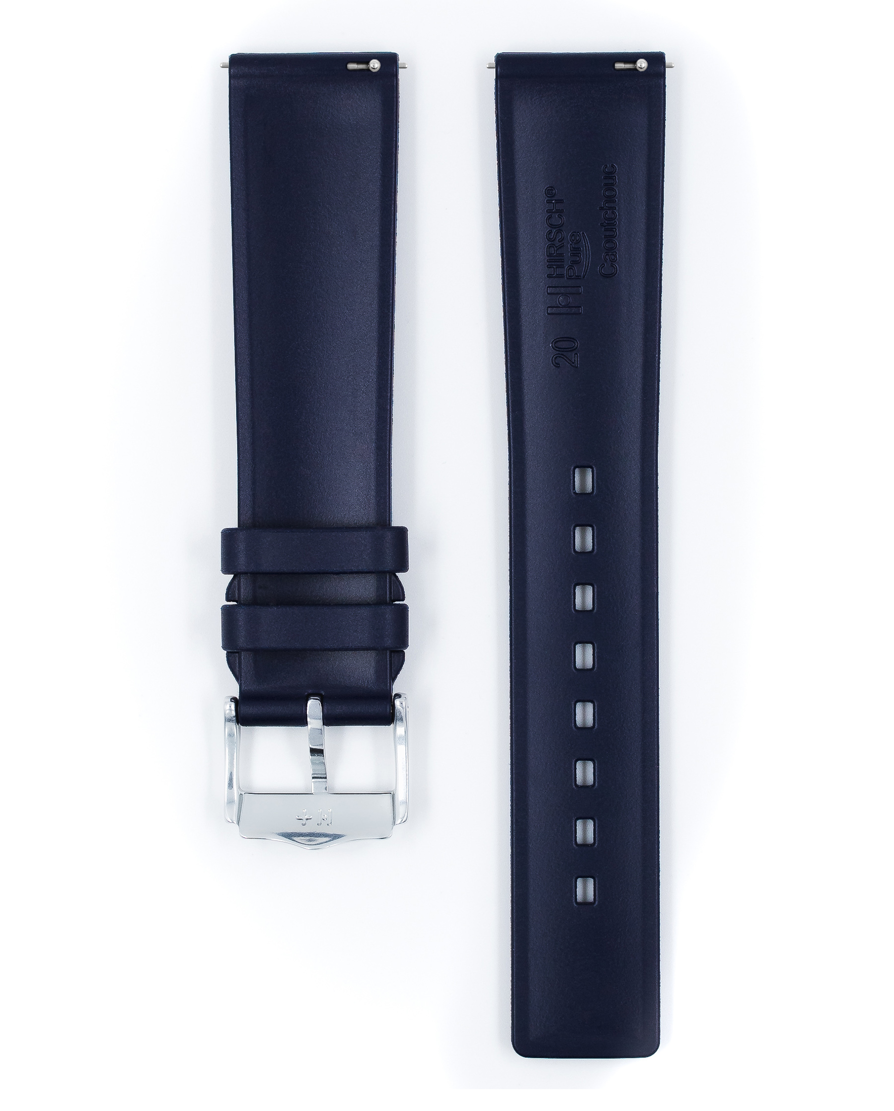 Marineblaues Leder-Uhrenarmband mit silberner Schnalle. Weißer Hintergrund.