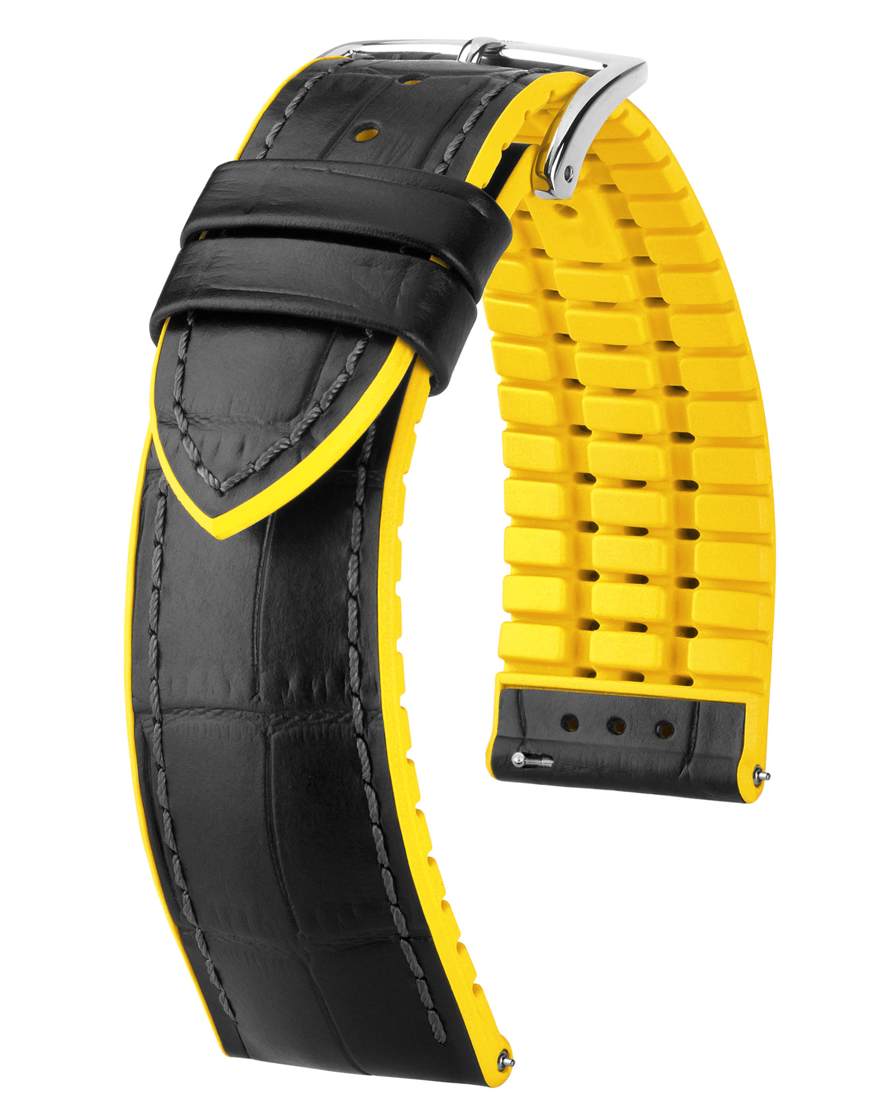 Uhrenarmband mit schwarzem Krokodilleder und gelbem Gummi. Eine schwarze Lederschnalle ist sichtbar.