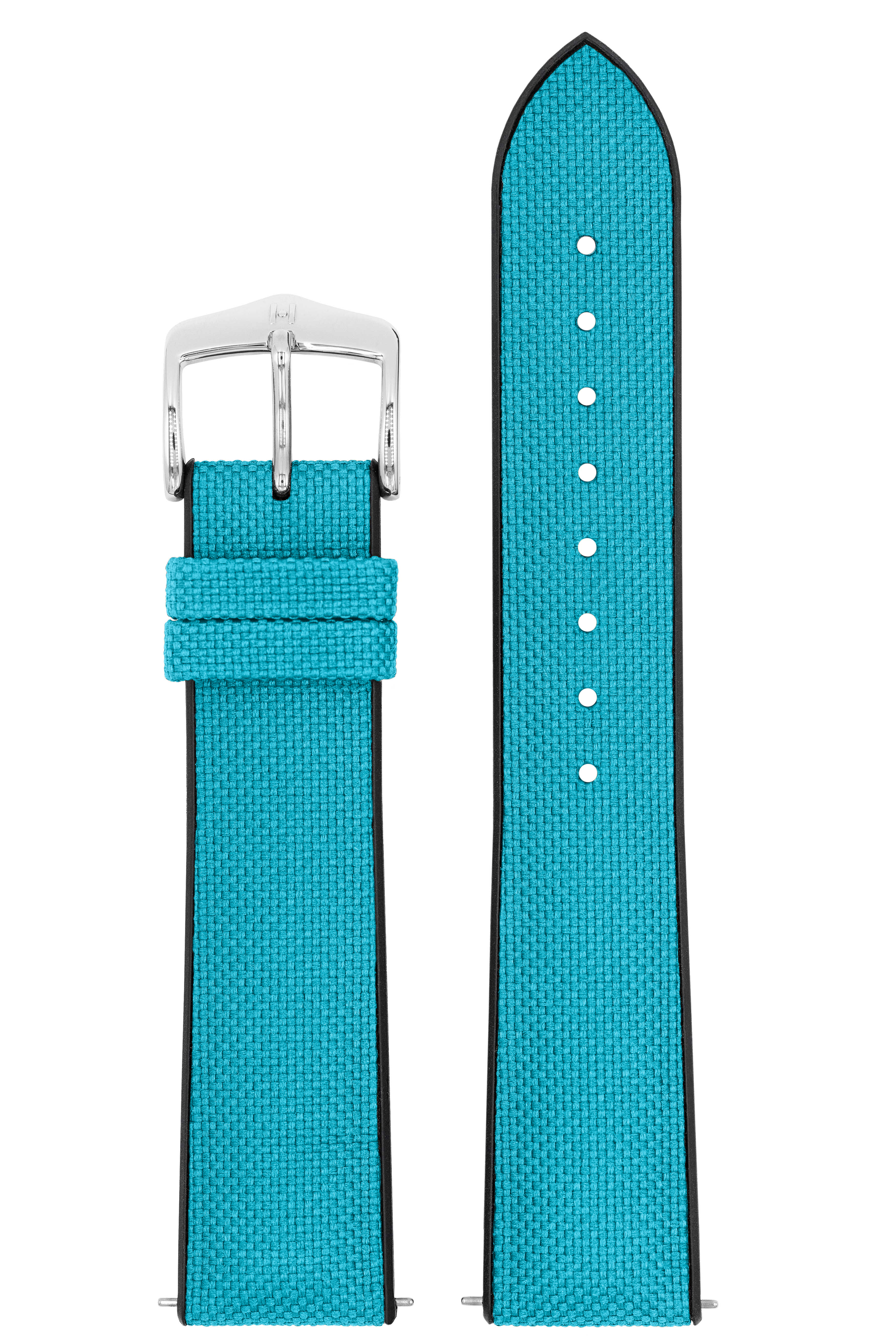 Türkisfarbenes Canvas-Uhrenarmband mit schwarzen Kanten und silberner Schnalle. Das Armband hat eine gewebte Textur.
