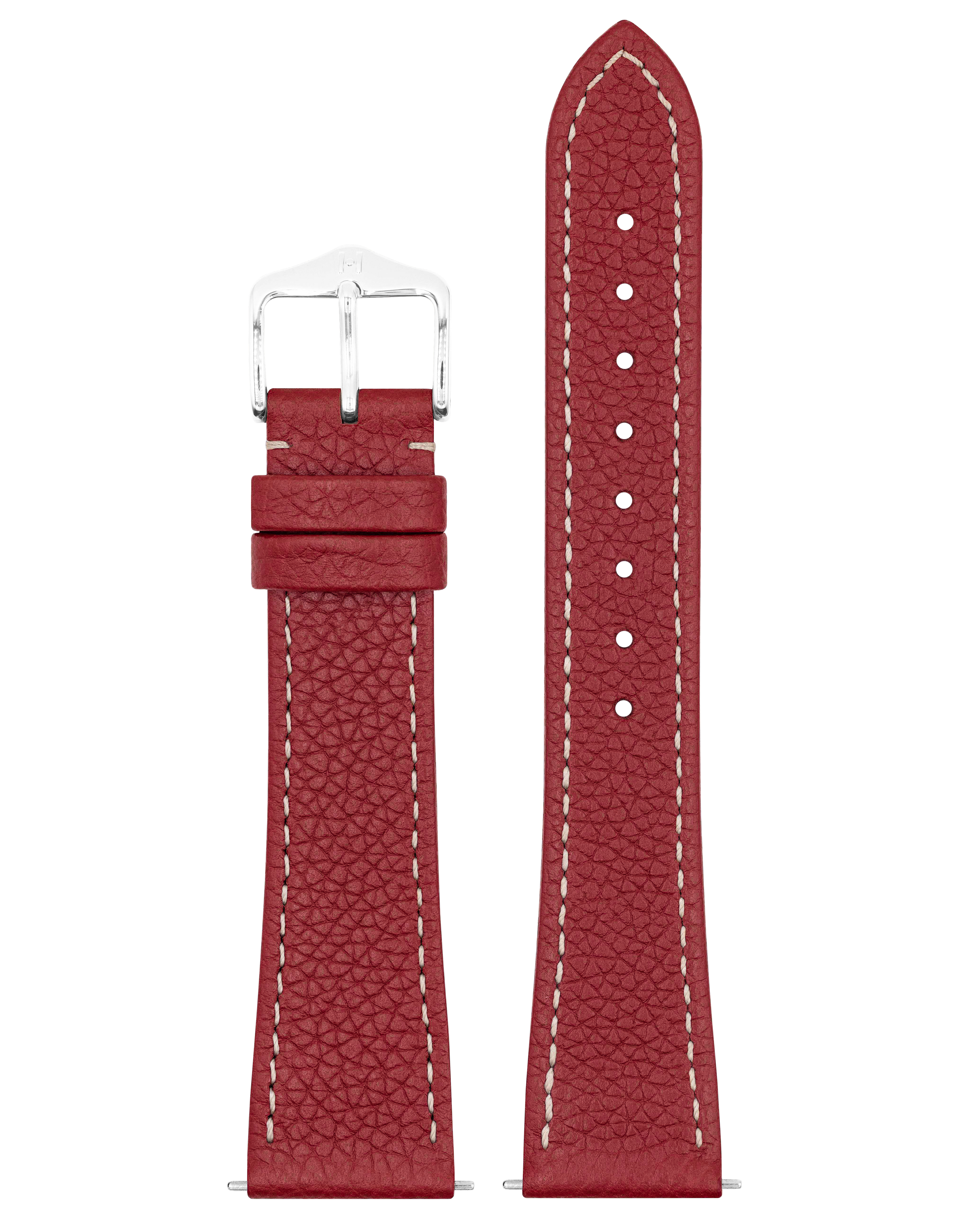 Rotes Lederarmband mit weißen Nähten und silberner Schnalle. Das Armband hat eine strukturierte, genarbte Optik.
