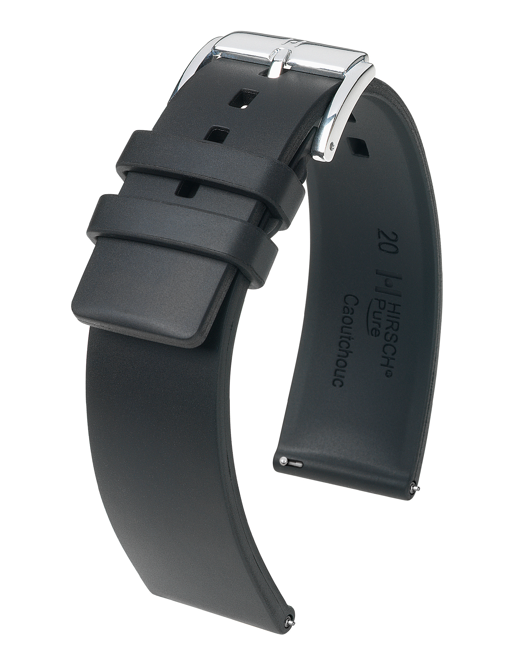 Schwarzes Gummi-Uhrenarmband mit silberner Schnalle. Das Armband ist gebogen und trägt den Markennamen.