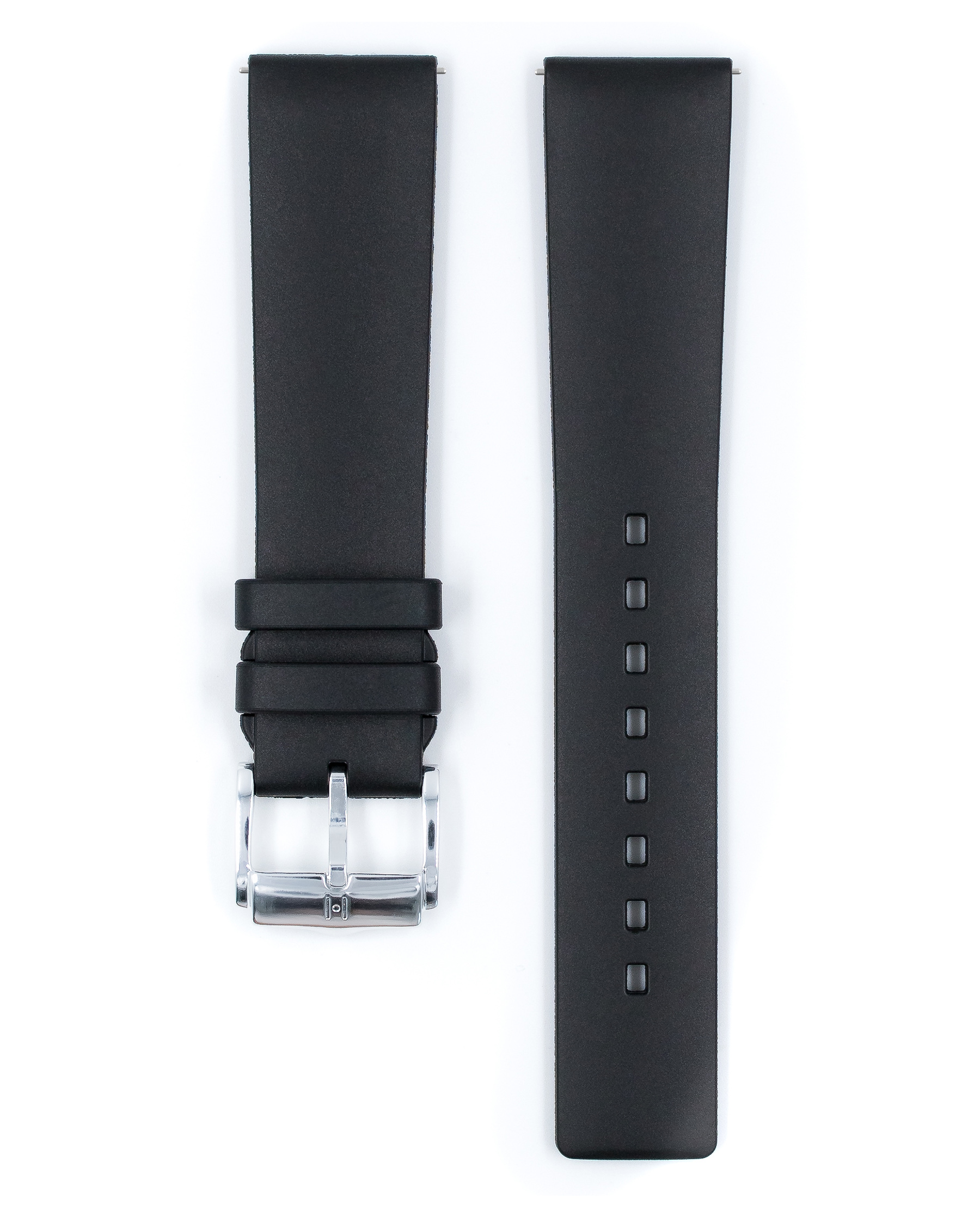 Schwarzes Leder-Uhrenarmband mit silberner Schnalle. Weißer Hintergrund.