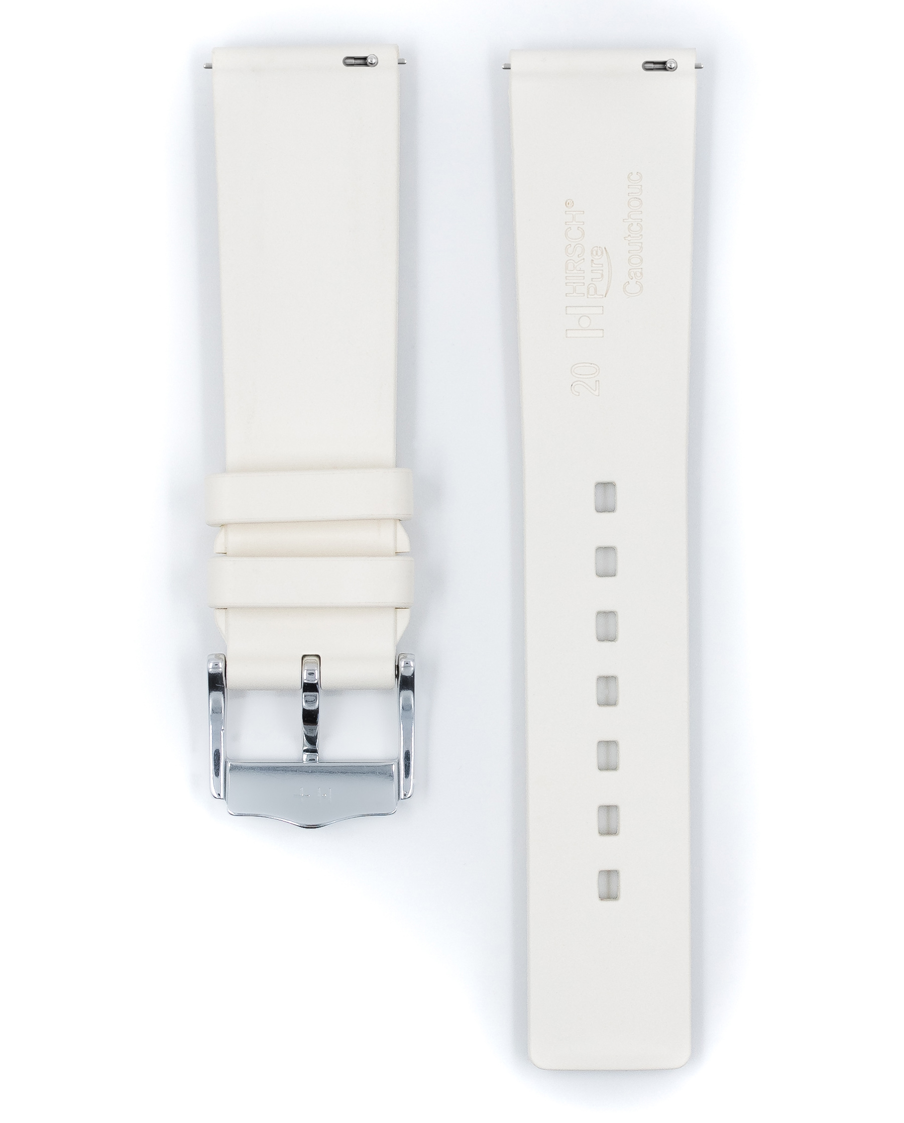 Cremefarbenes Uhrenarmband mit silberner Schnalle. Das Armband ist schlicht. Es trägt den Markennamen.