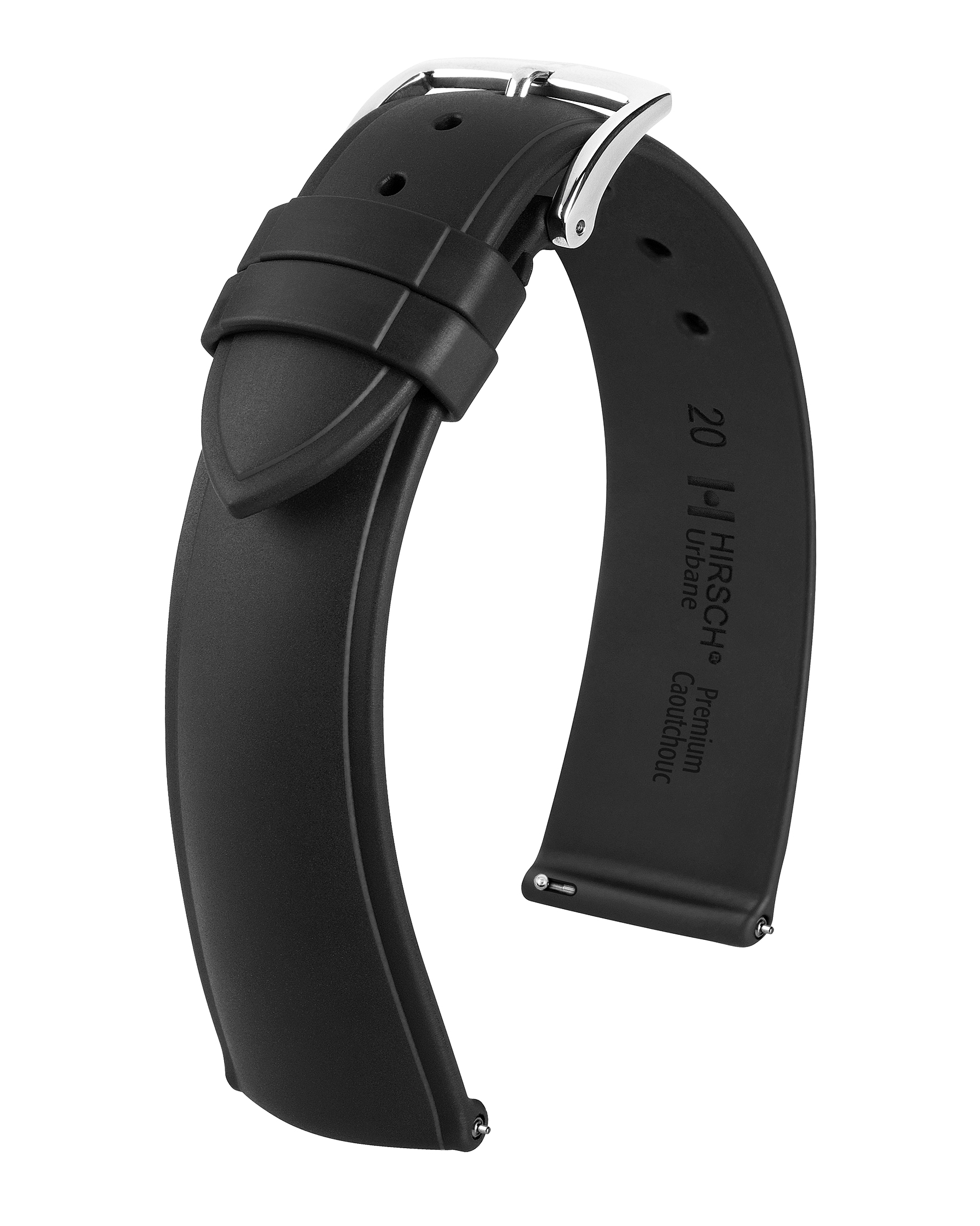 Schwarzes Kautschuk-Uhrenarmband mit Metallschnalle. Das Armband ist gebogen und gebrandet. Weißer Hintergrund.