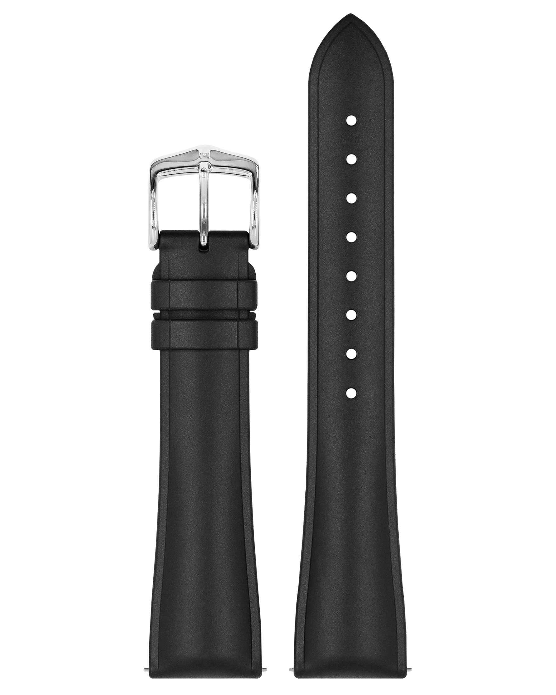 Schwarzes Uhrenarmband mit silberner Schnalle. Das Armband ist aus Leder. Ein Teil hat Löcher. Weißer Hintergrund.