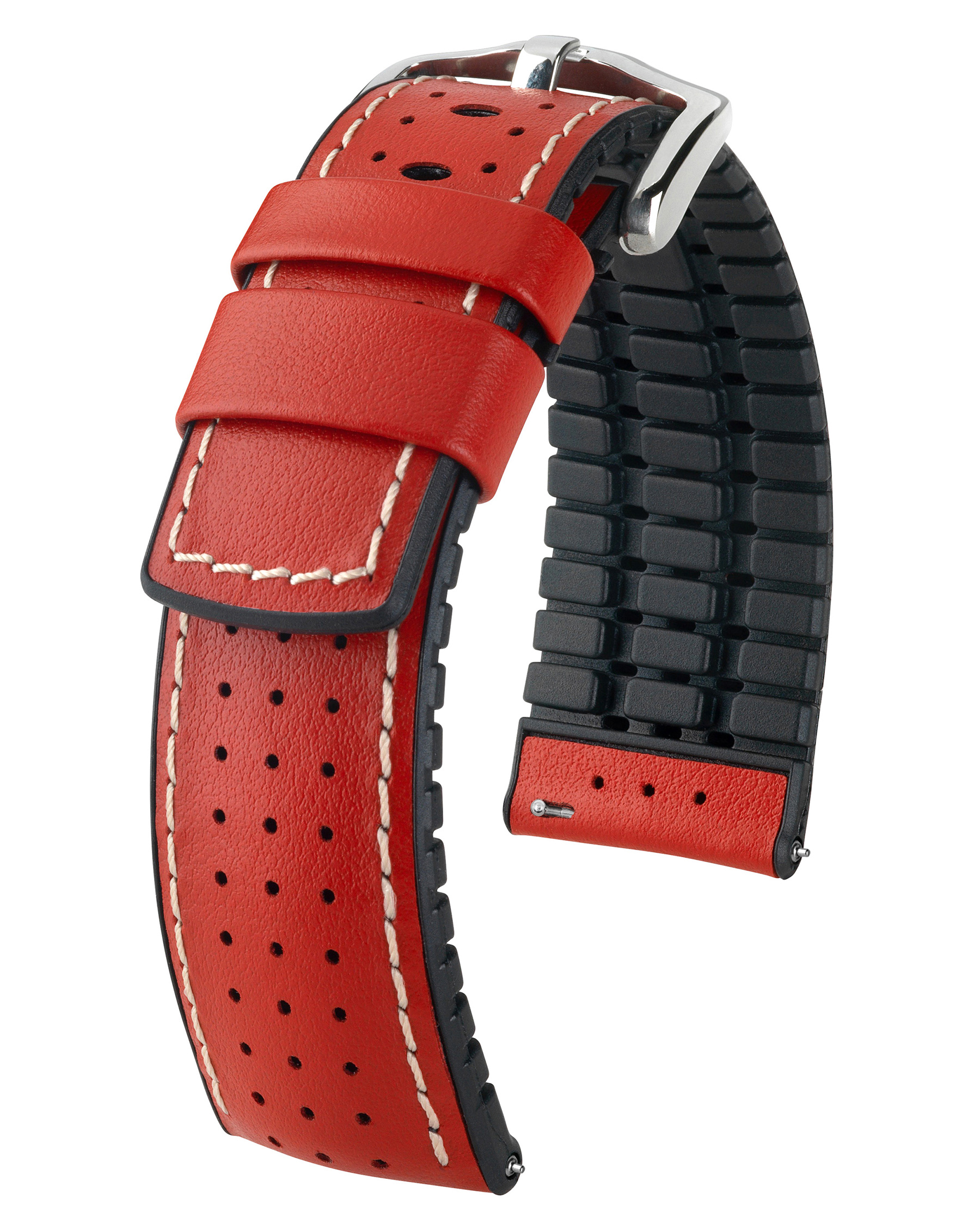 Rotes und schwarzes perforiertes Uhrenarmband mit weißen Nähten und silberner Schnalle. Weißer Hintergrund. Gummi und Leder.