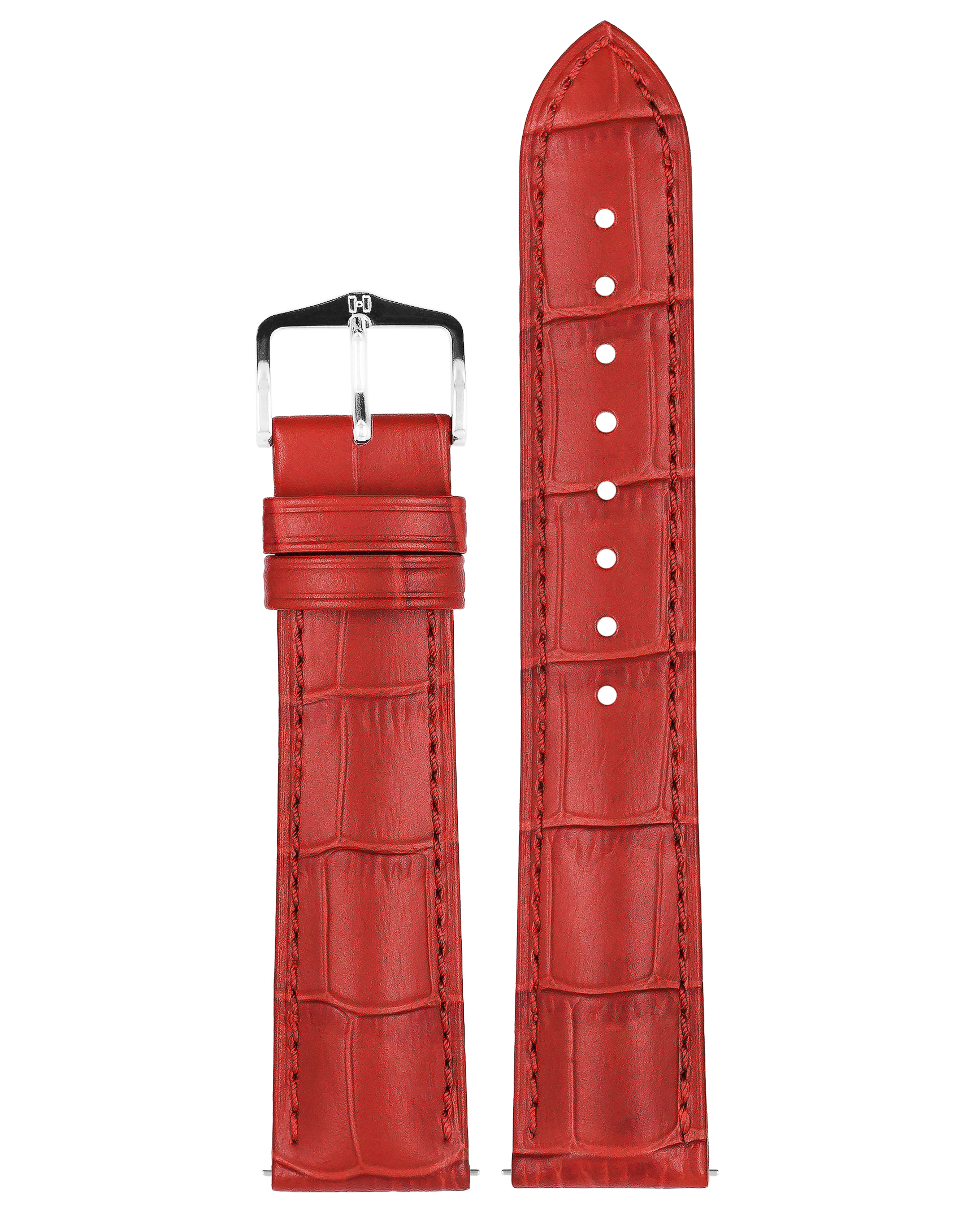 Rotes Uhrenarmband aus Krokodilleder mit silberner Schnalle. Weißer Hintergrund. Das Armband hat eine strukturierte Oberfläche.