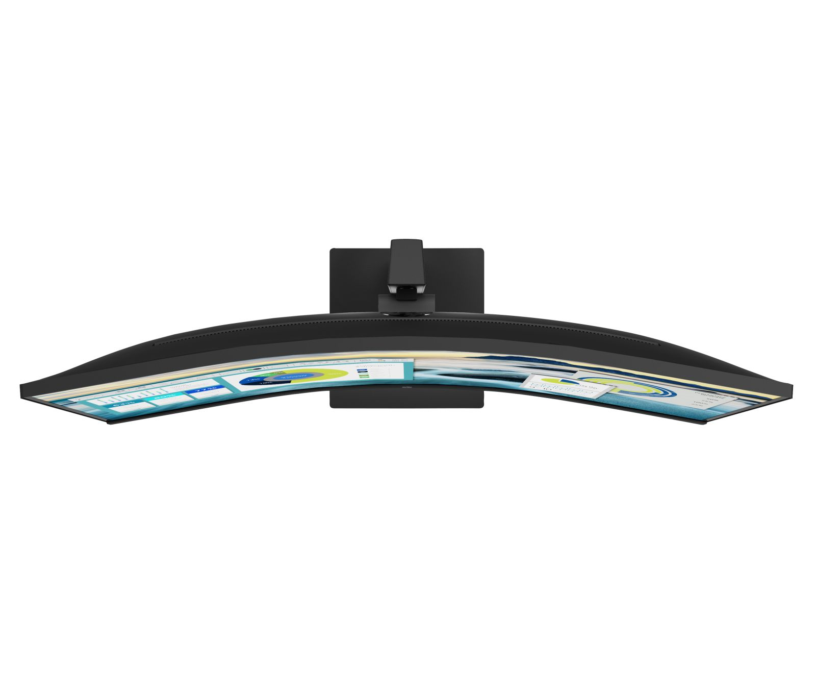Vue de dessus d'un moniteur HP noir incurvé avec un support noir. L'écran affiche des graphiques et des diagrammes de données.