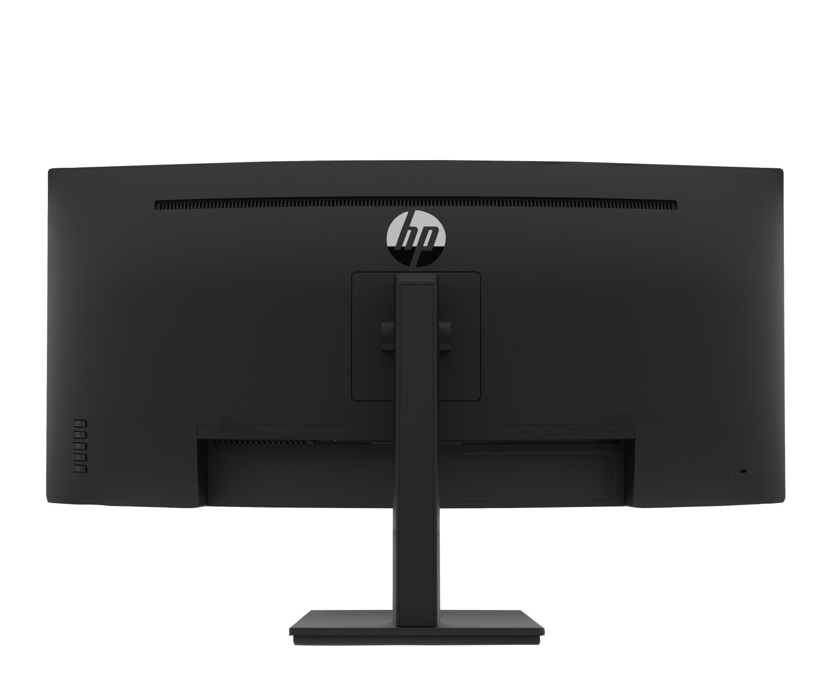 Vue arrière d'un moniteur HP noir incurvé avec le logo HP et un support. L'arrière du moniteur est uni.