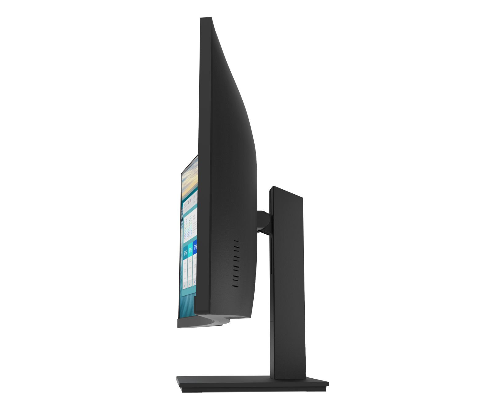 Vue latérale d'un moniteur HP noir incurvé. L'écran affiche des données et le moniteur est sur un support.